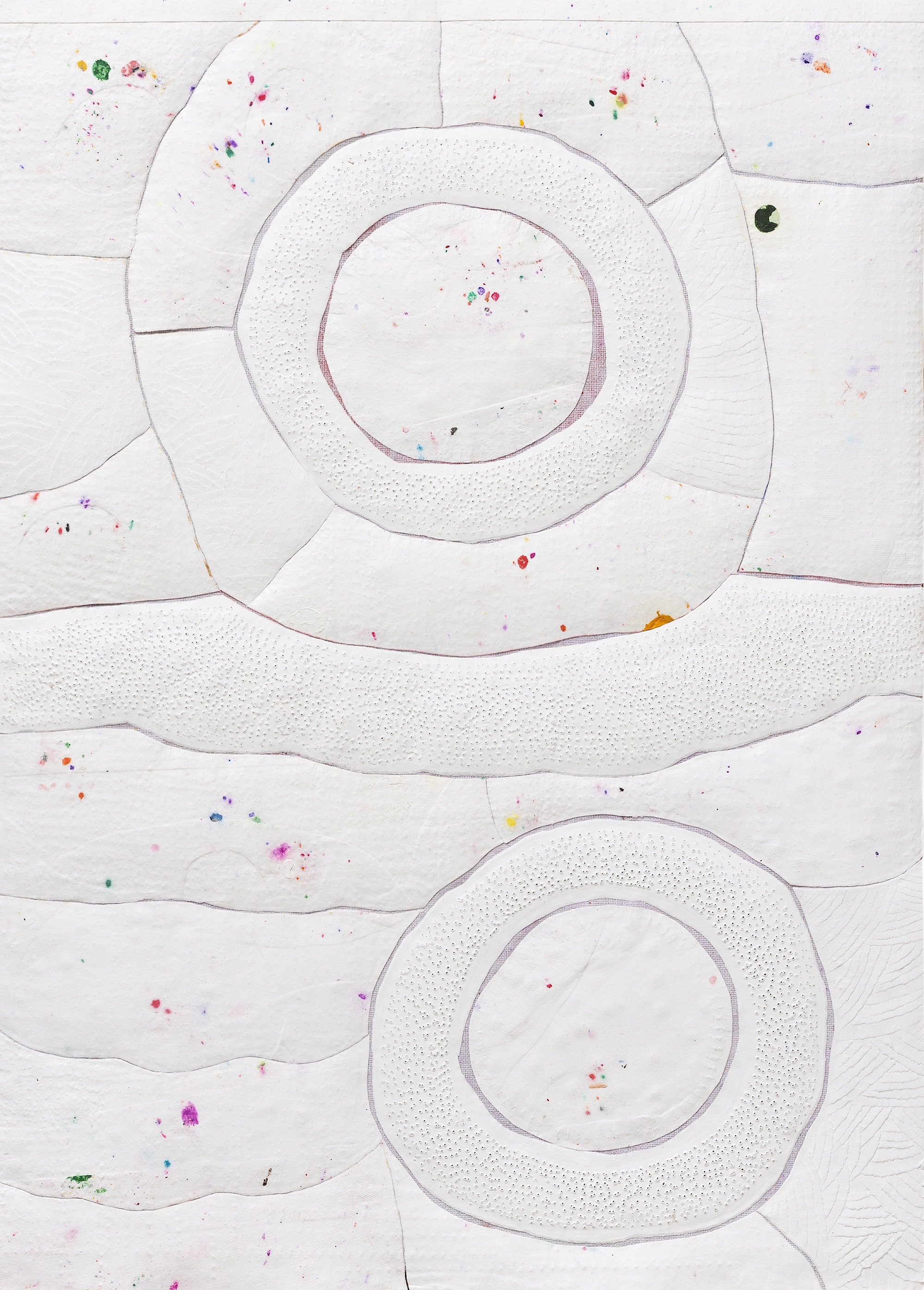  Untitled, 2019 . Color pencil, watercolor, oil, embossing and perforations on fragments of paper mounted on cloth . 30 x 21 cm.