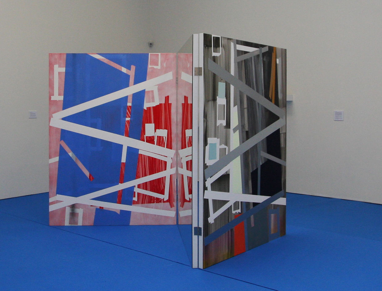 Z, free standing structure of two paintings on board mounted with a mirror on board in between, all three 84" x 60" 