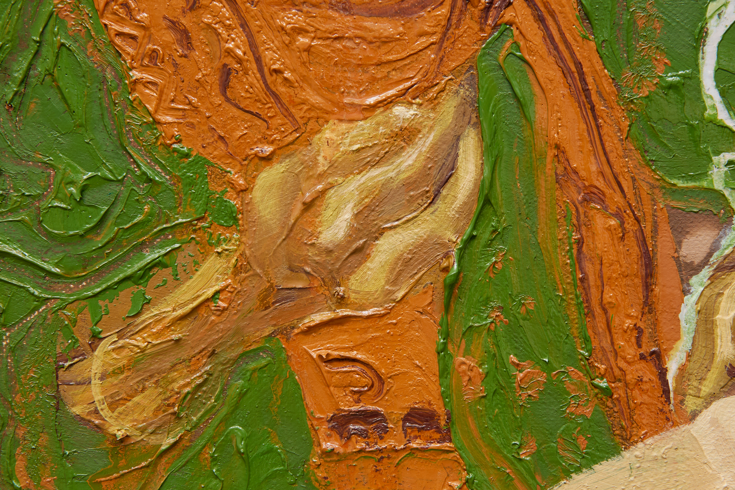 detail of painting, showing luscious dripping paint depicting orange and green sari, and hand clutching food