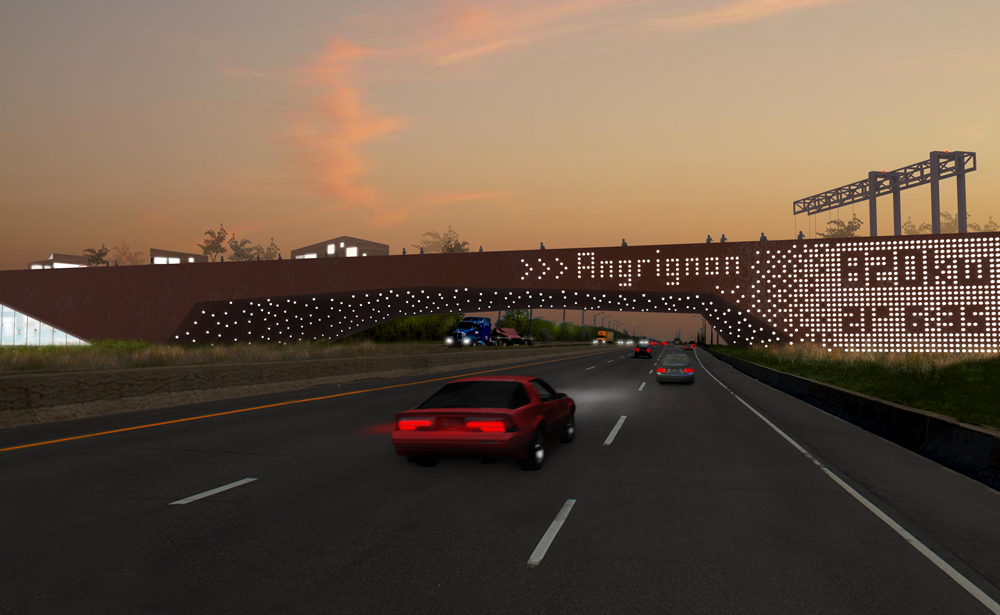 Turcot Park as viewed from the highway. Various signage and information platforms integrated into the bridge communicate information about the corridor to passing cars.