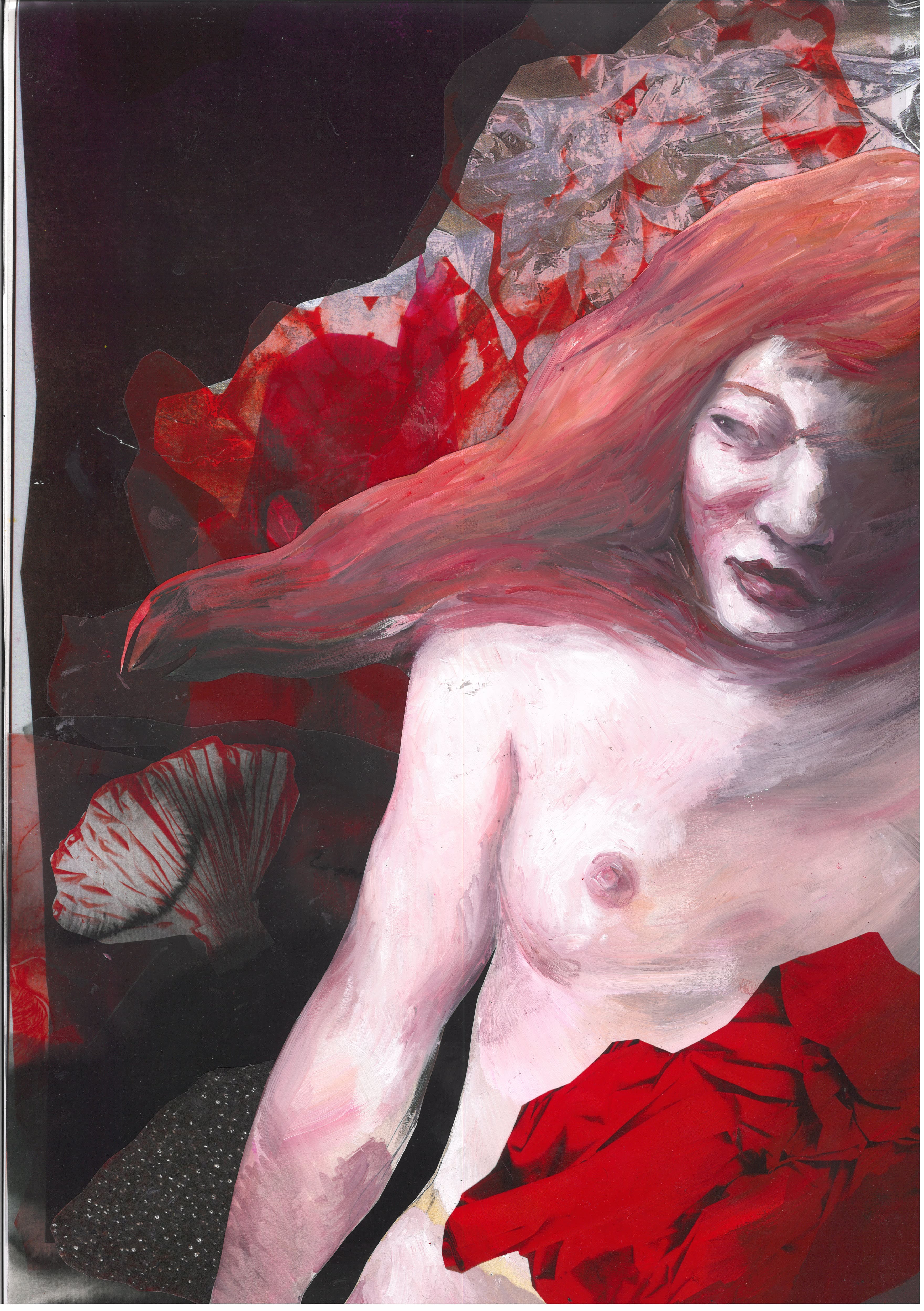 Ophelia #2 (Work in progress)Oil paint on paper, collage with photo material and etching, 28 x 44cmBook project „There is a willow grows aslant a brook“ Ophelia‘s Death after Shakespeare2022-2023