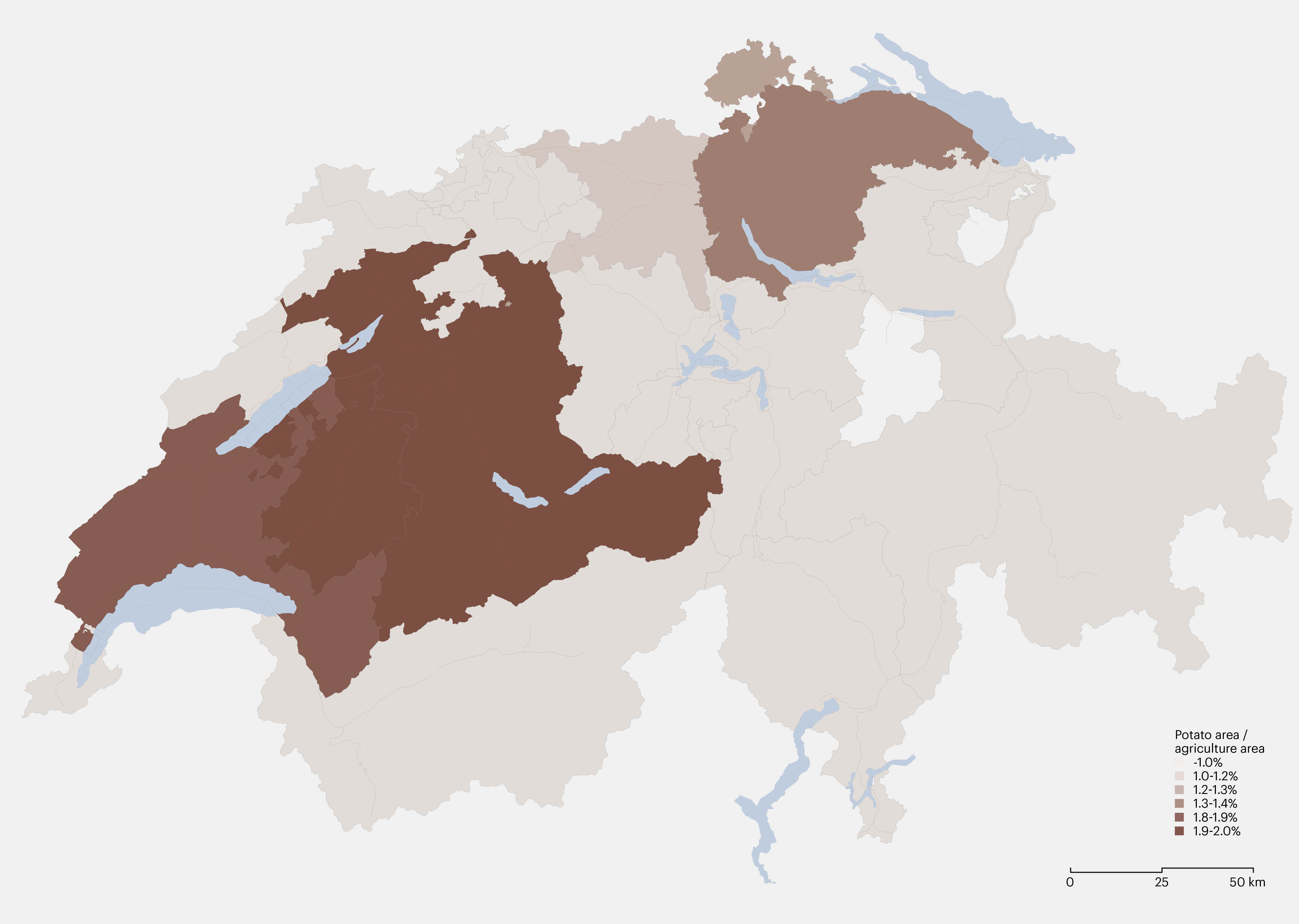 Potato is mainly cultivated in Fribourg, Bern, and Vaud. Source: swisspatat, 2019.