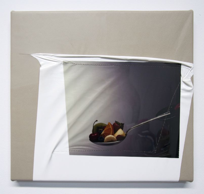 Label IV, 2017, polyester, vinyl, large format positive film transparency, and thread, 10 x 10 inches