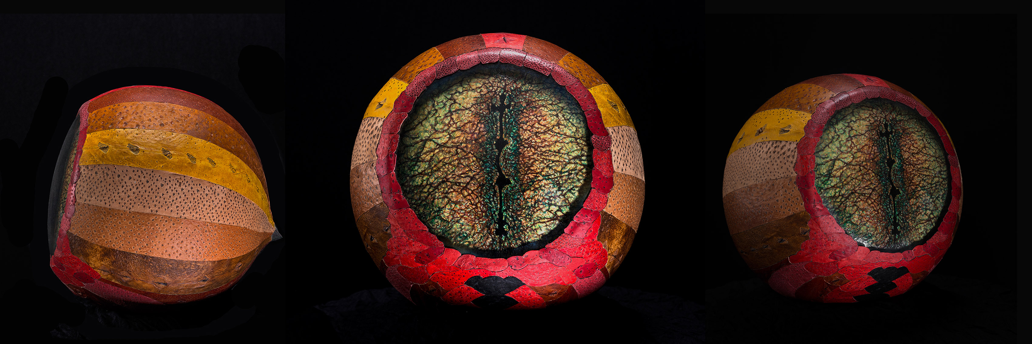 OBLO DE MARQUE, 2015. Ø 30 cm polystyrène. Peaux de poisson tannées, peinture à I'hulle, verre.
