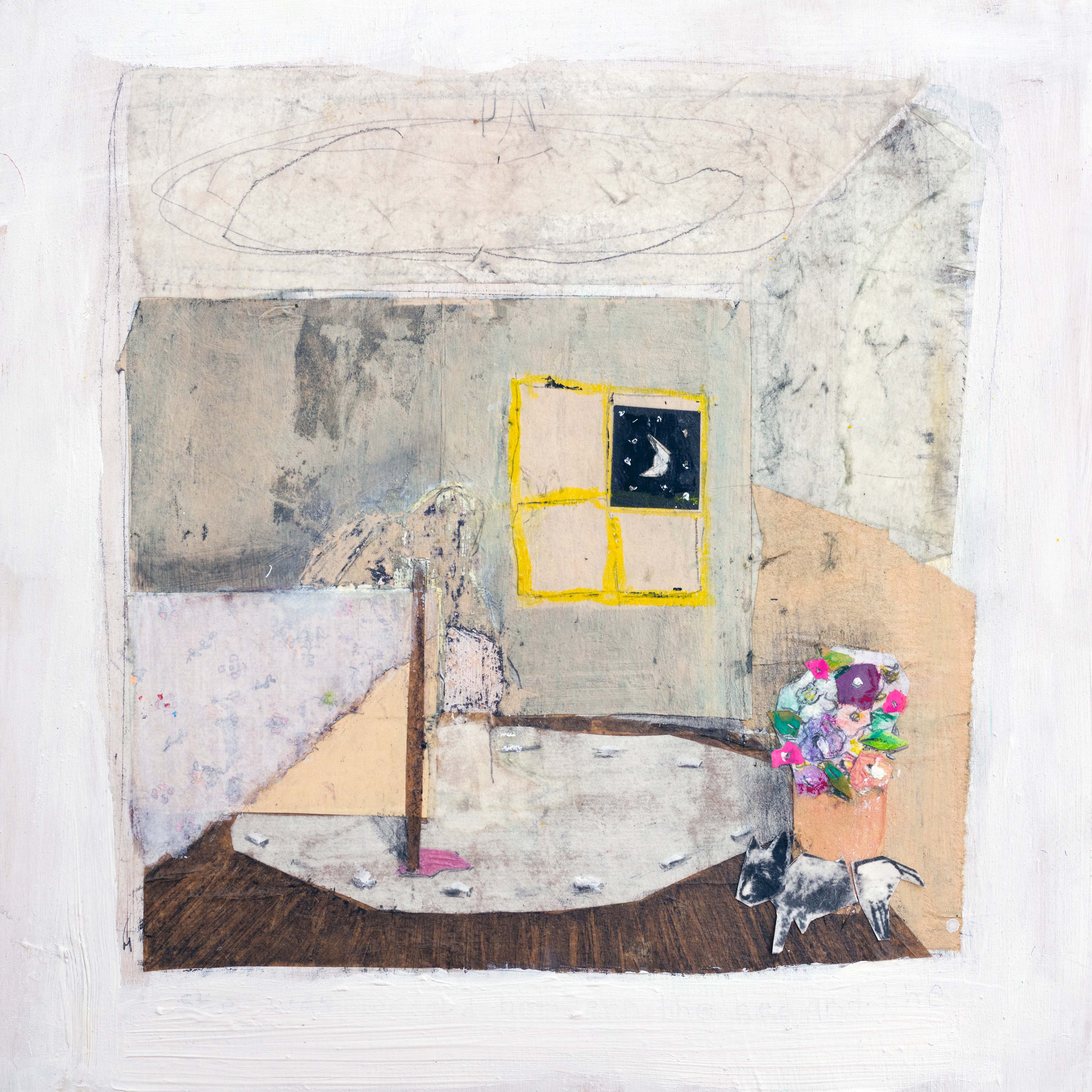 i found her between the bed and the wall, collaged paper and oil on panel,12 in  x 12 in, 2018