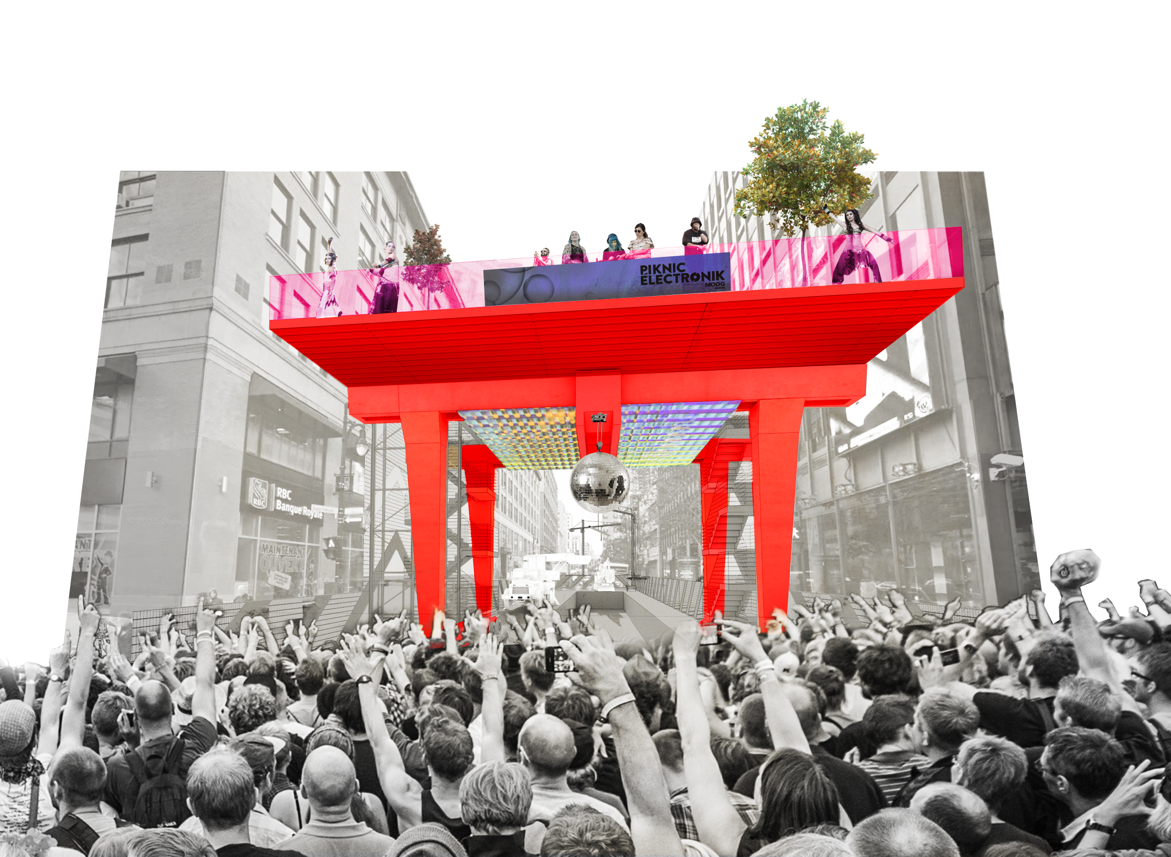 Collage showing DJs and dancers on the gantry with a large crowd below