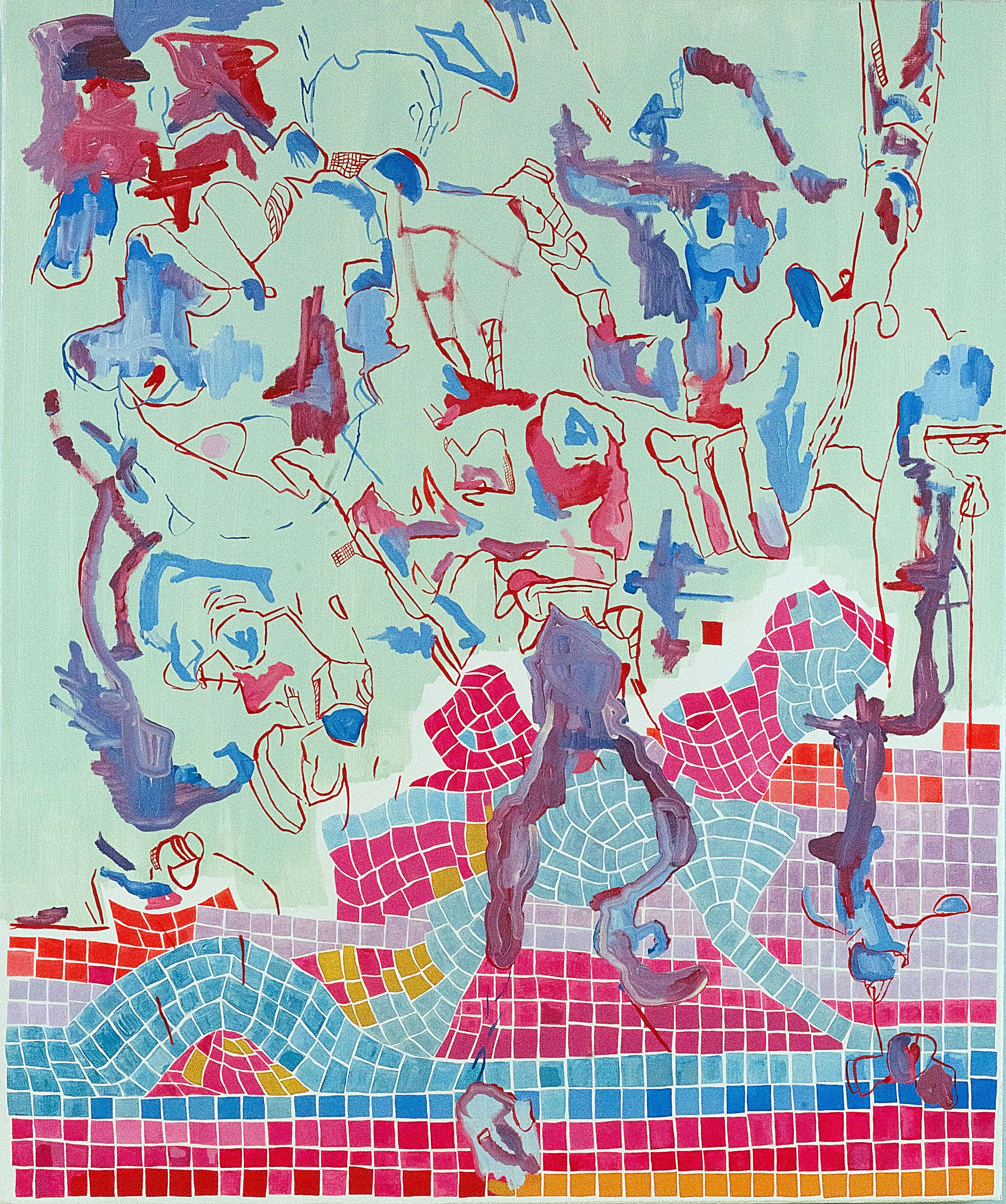 Riding, oil + acrylic on linen, 34 x 30 inches, 2023