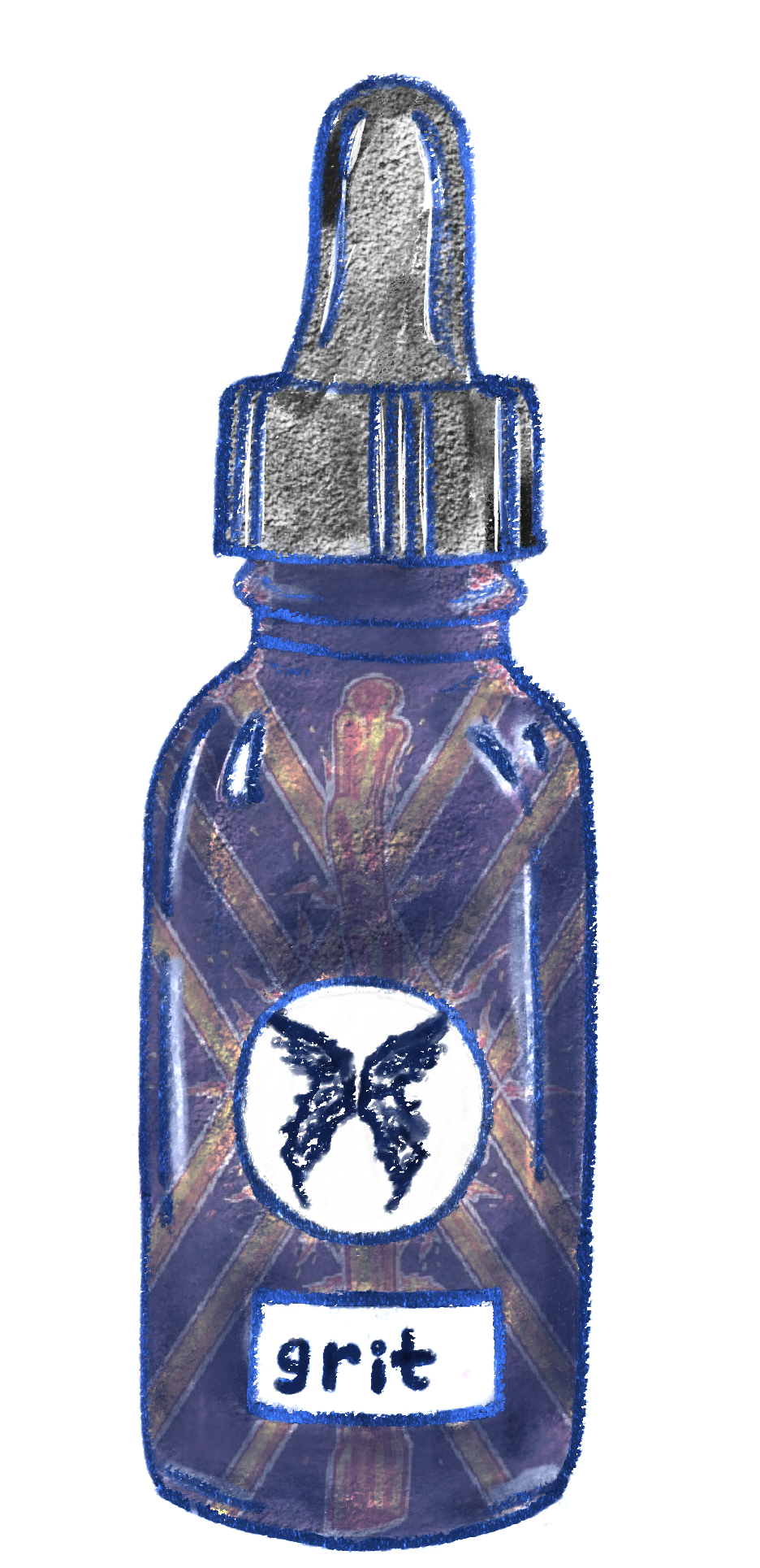 vero's illustration of a blue-tinted glass dropper bottle with butterfly logo and label "grit" and the image of 7 of wands from thoth tarot contained within the translucent bottle