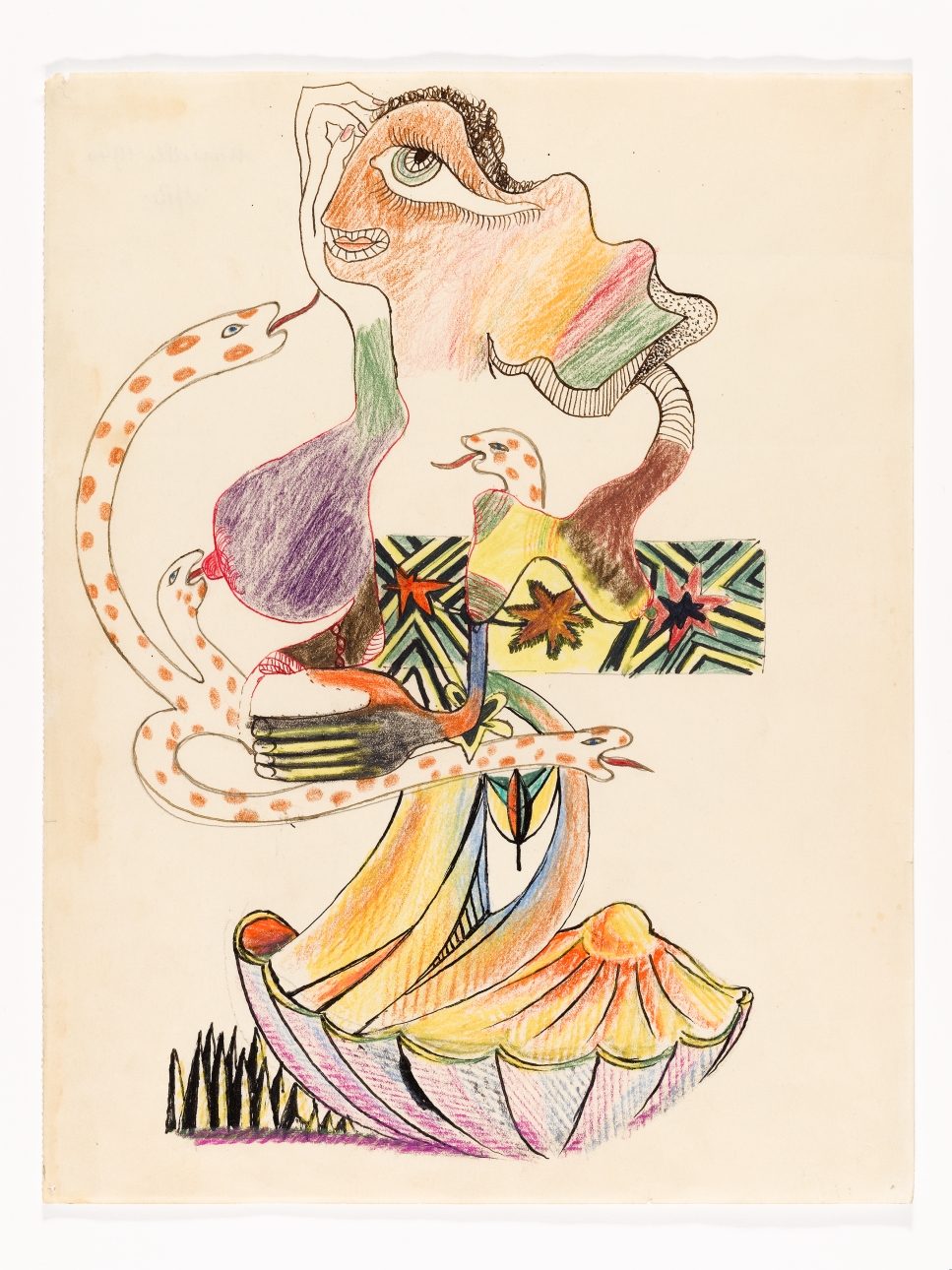 Victor Brauner, André Breton, Oscar Dominguez (Oscar DOMINGUEZ-PALAZON, dit), Wifredo Lam (Wifredo Oscar LAM Y CASTILLA, dit), Anonyme (sans précision), Jacques Hérold (Herold BLUMER, dit), Jacqueline Lamba - Dessin collectif, 1940 - 1941 - 30 x 24 cm - Don de Aube et Oona Elléouët-Breton en 2008 - Inv.: C.08.01 (14) - © Adagp, Paris, © SDO Wifredo LAM-DR, Adagp, © Succession Jacques Hérold/Adagp, Paris