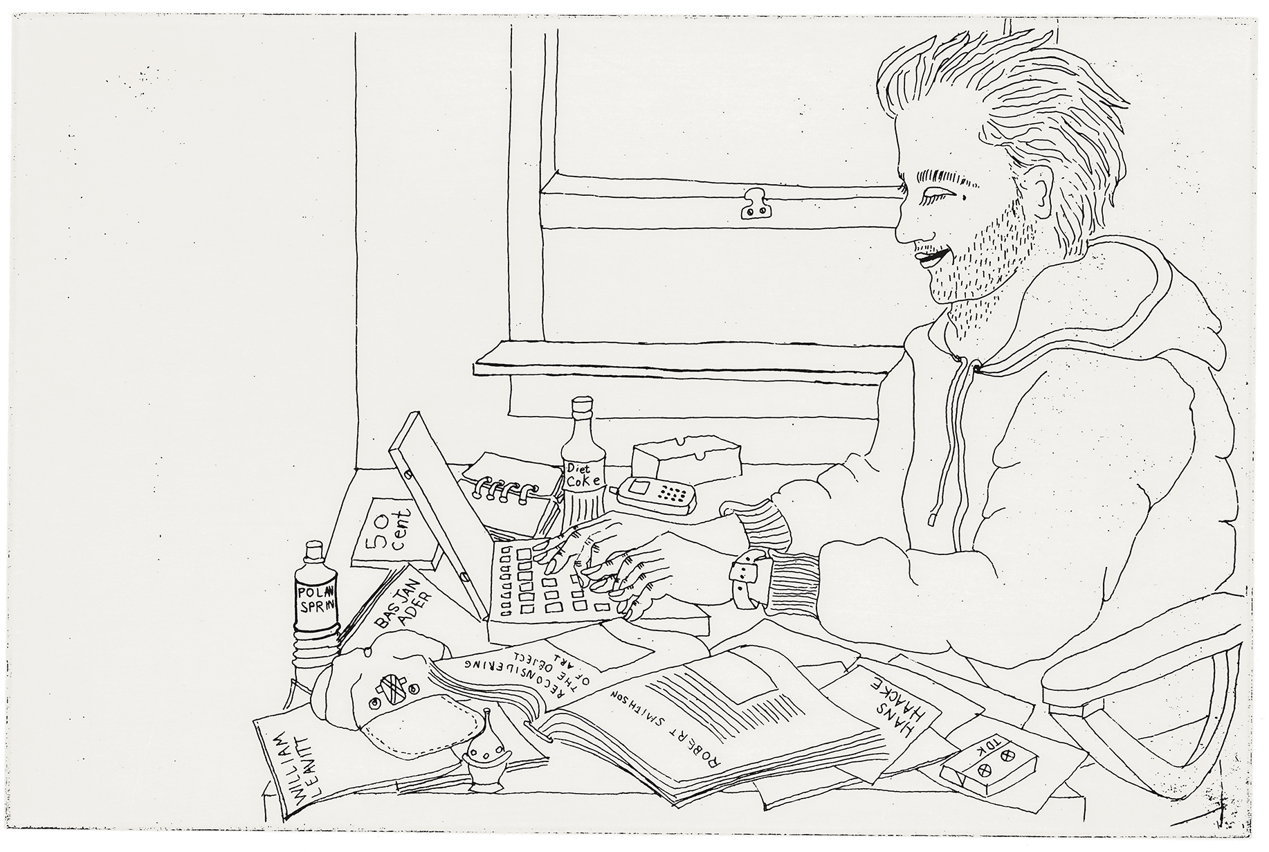 Alex Doing His Homework, 2003. Etching; 4 &times; 6 inches