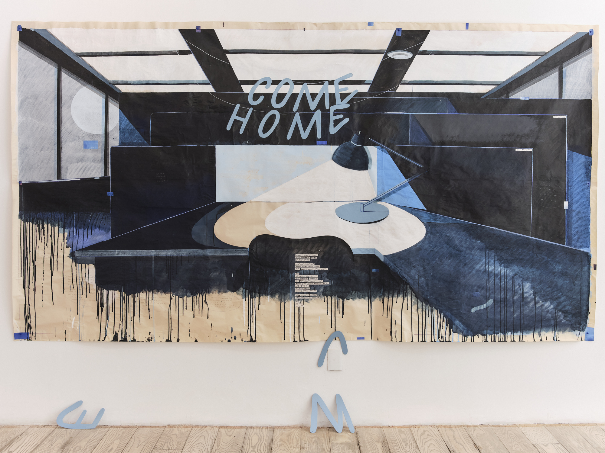 Charlie Godet Thomas, On Borrowed Time, 2023, acrylic, coloured pencil, pencil, pins and magazine fragments on newsprint, 70 1/8 x 129 1/8 in © Charlie Godet Thomas