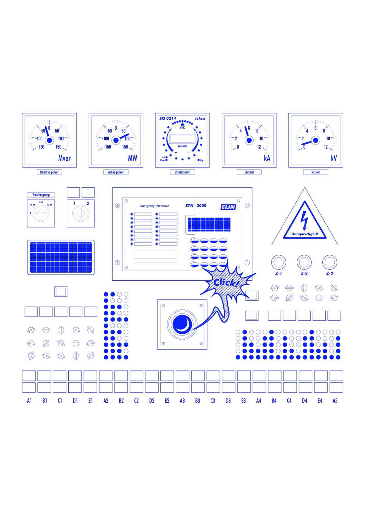 Drawing of the control room switchboard. Drawing by Marco Fusco.