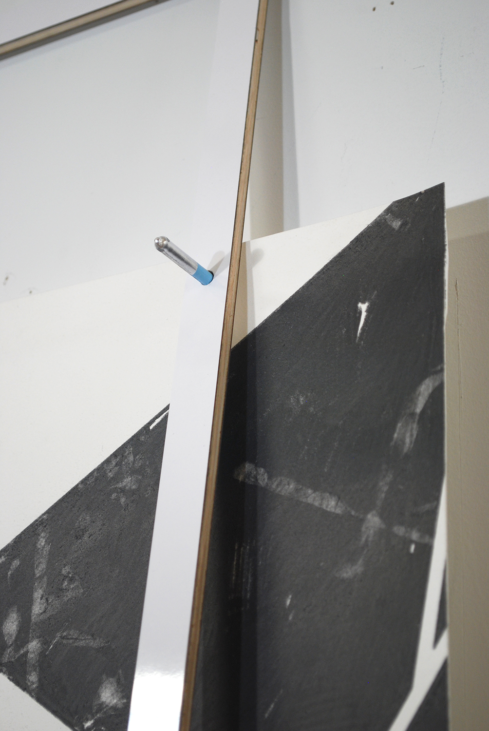 pale trinity  Graphite on paper. Metallic paint and incisions on wall. Formica and wood.  2011 - 83 x 37 x 1