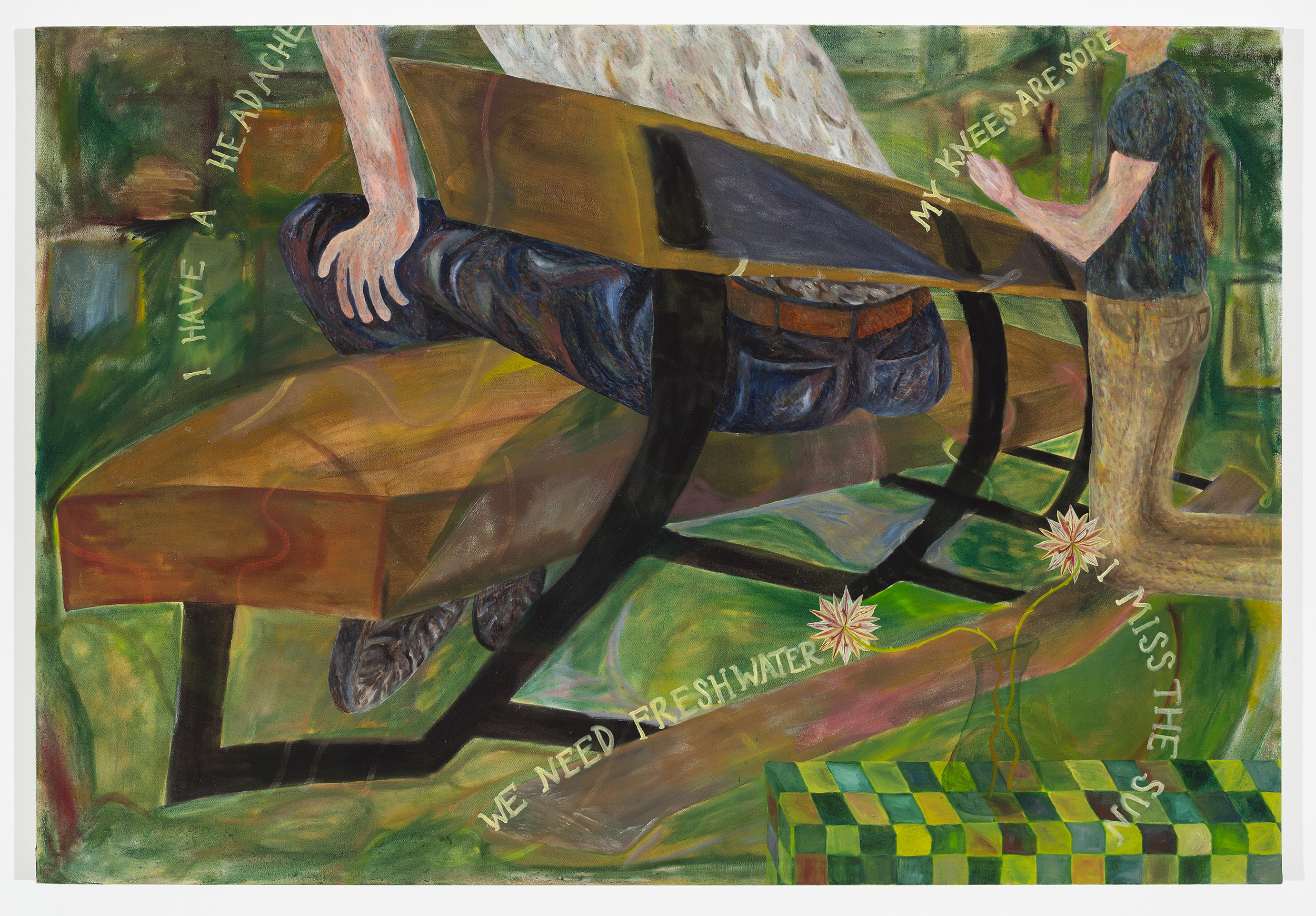 Now I’ve written this whole damn thing, for Christ’s sake give me a drink, 2019, Oil and flowers on canvas, 83.5 x 121.5 cm