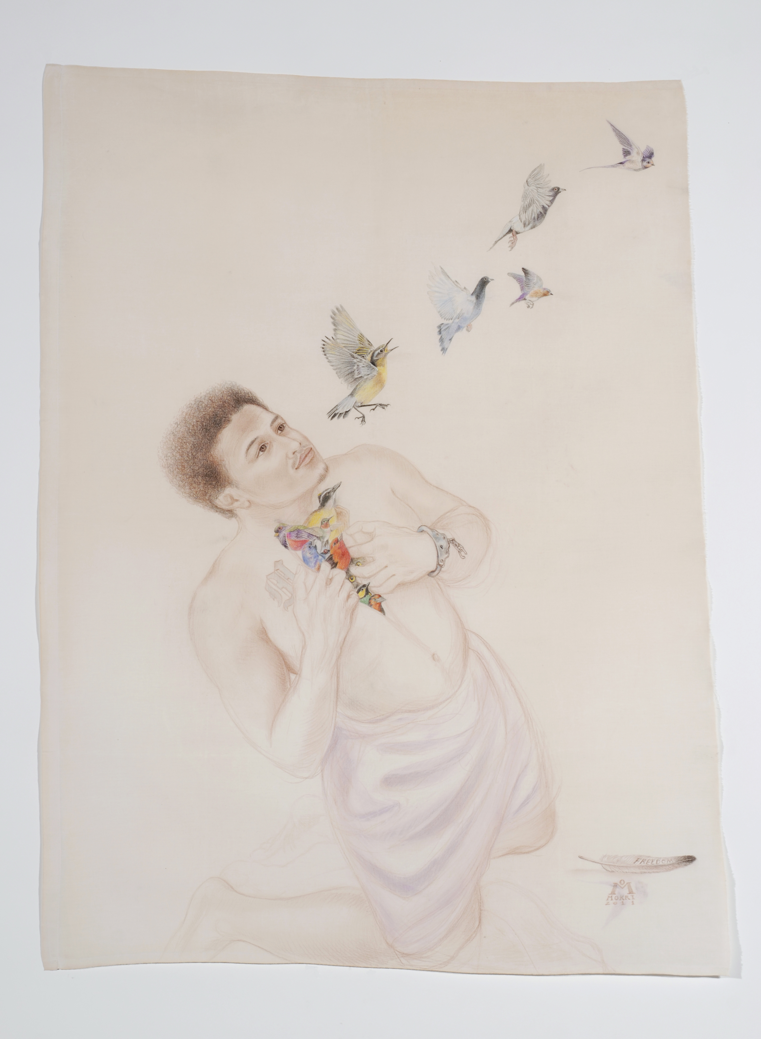 Freedom, 48 x 58", colored pencil on bedsheet