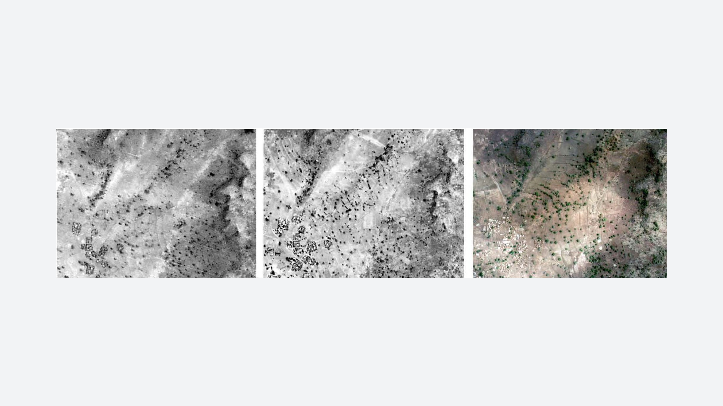 Fig. 44. View of vegetation growing out of contour stone bunds in the village of Ranawa, Niger. Source: Chris Reij, Gray Tappan, Melinda Smale. Time-series aerial photographs over Ranawa in 1984, 1996, and 2002 (left to right). Agro Environmental Transformation in the Sahel. International Food Policy Research Institute, 2009.