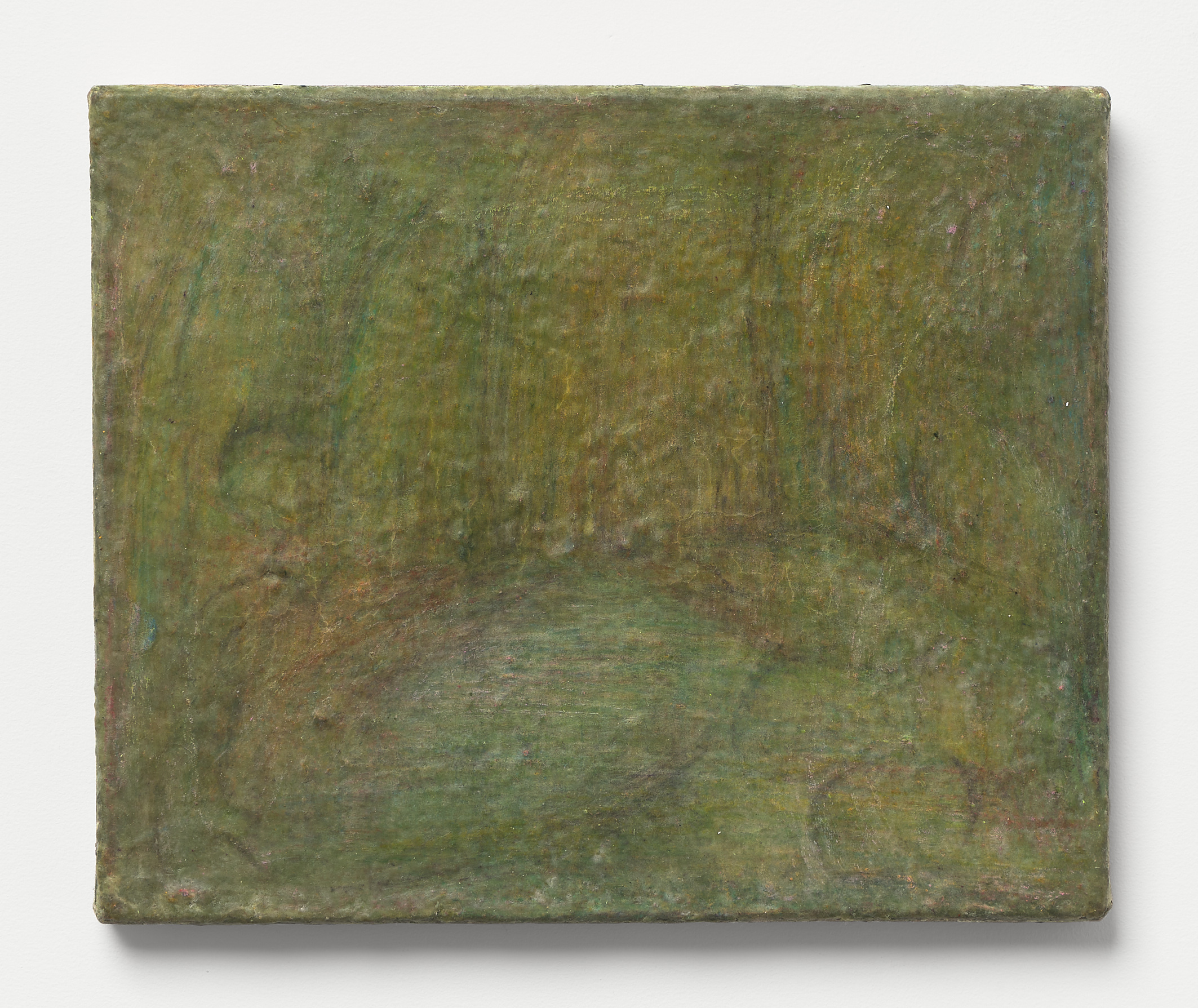 Luke Brennan, Fussed Optics, 2020, Oil paint, raw pigment, water, beeswax, dust, mould cleaner, pencil on canvas, 25 x 31 cm