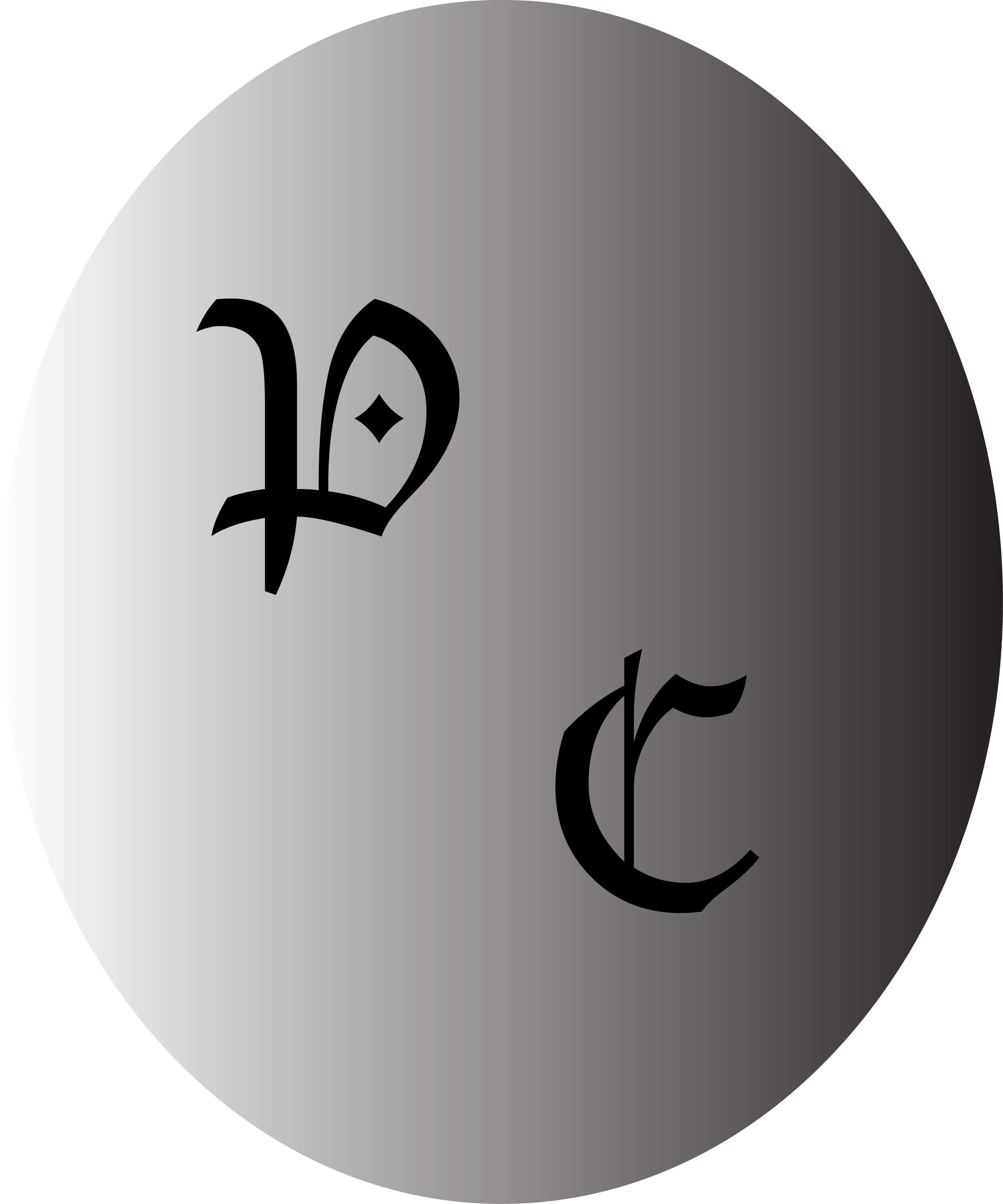 A grey-scale oval with the initials, PC written on it in a gothic font.