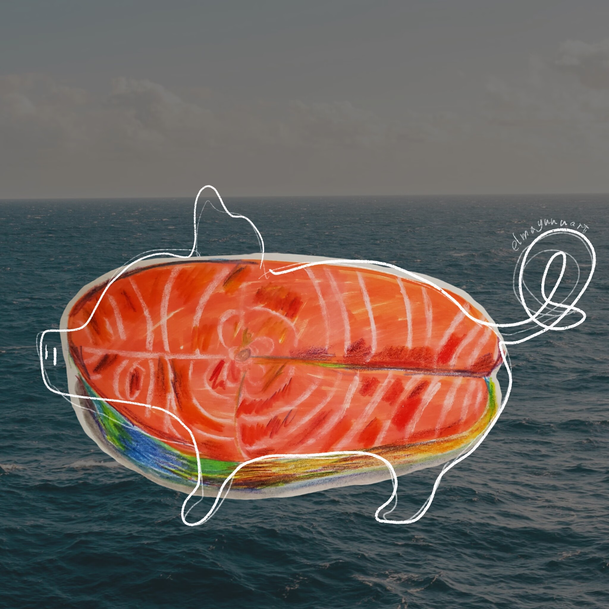 This illustration was inspired by an article about salmon on ChinaNews. It uses the 'deep sea fat pig' to describe the nutritional value of salmon, which is so cute.(Personal project)