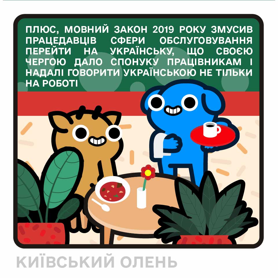 ПЛЮС, МОВНИЙ ЗАКОН 2019 РОКУ ЗМУСИВ ПРАЦЕДАВЦІВ СфЕРИ ОБСЛУГОВУВАННЯ ПЕРЕЙТИ НА УКРАЇНСЬКУ, ЩО СВОЄЮ ЧЕРГОЮ ДАЛО СПОНУКУ ПРАЦІВНИКАМ 1 НАДАЛІ ГОВОРИТИ УКРАЇНСЬКОЮ НЕ ТІЛЬКИ НА РОБОТІ