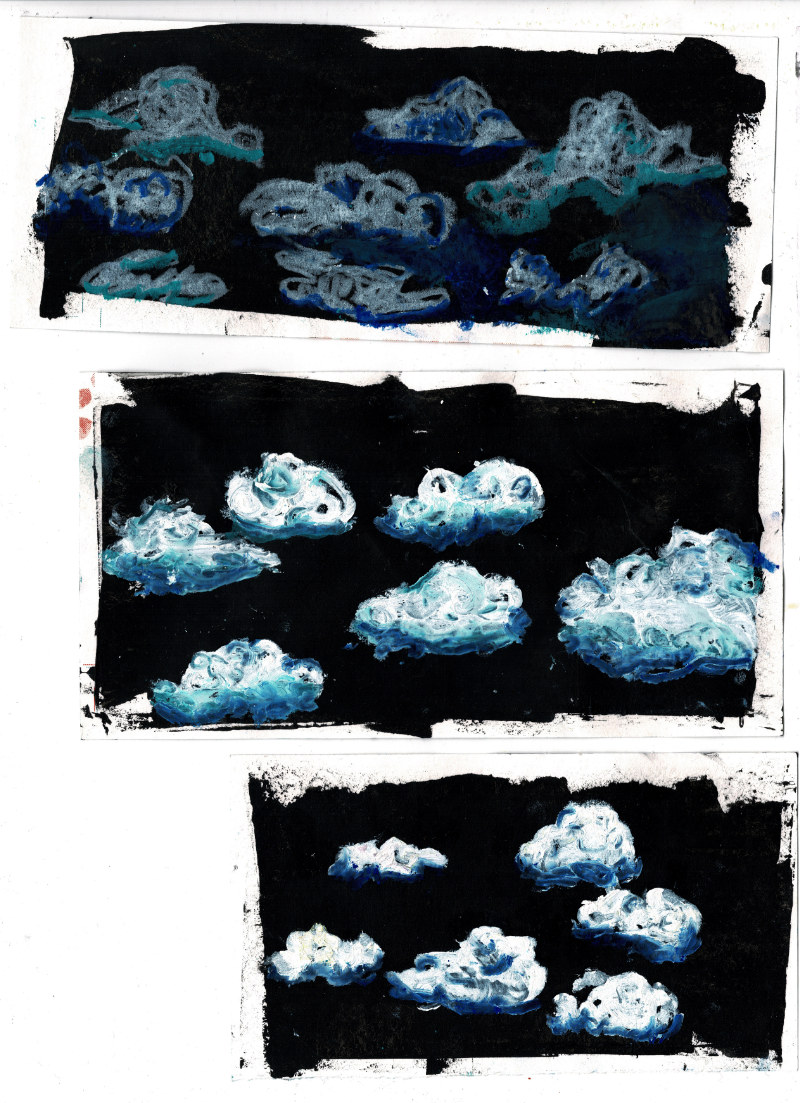 Unused style tests for the Fliers of Gy project. Acrylic paint, crayon, oil pastel, April 2023.