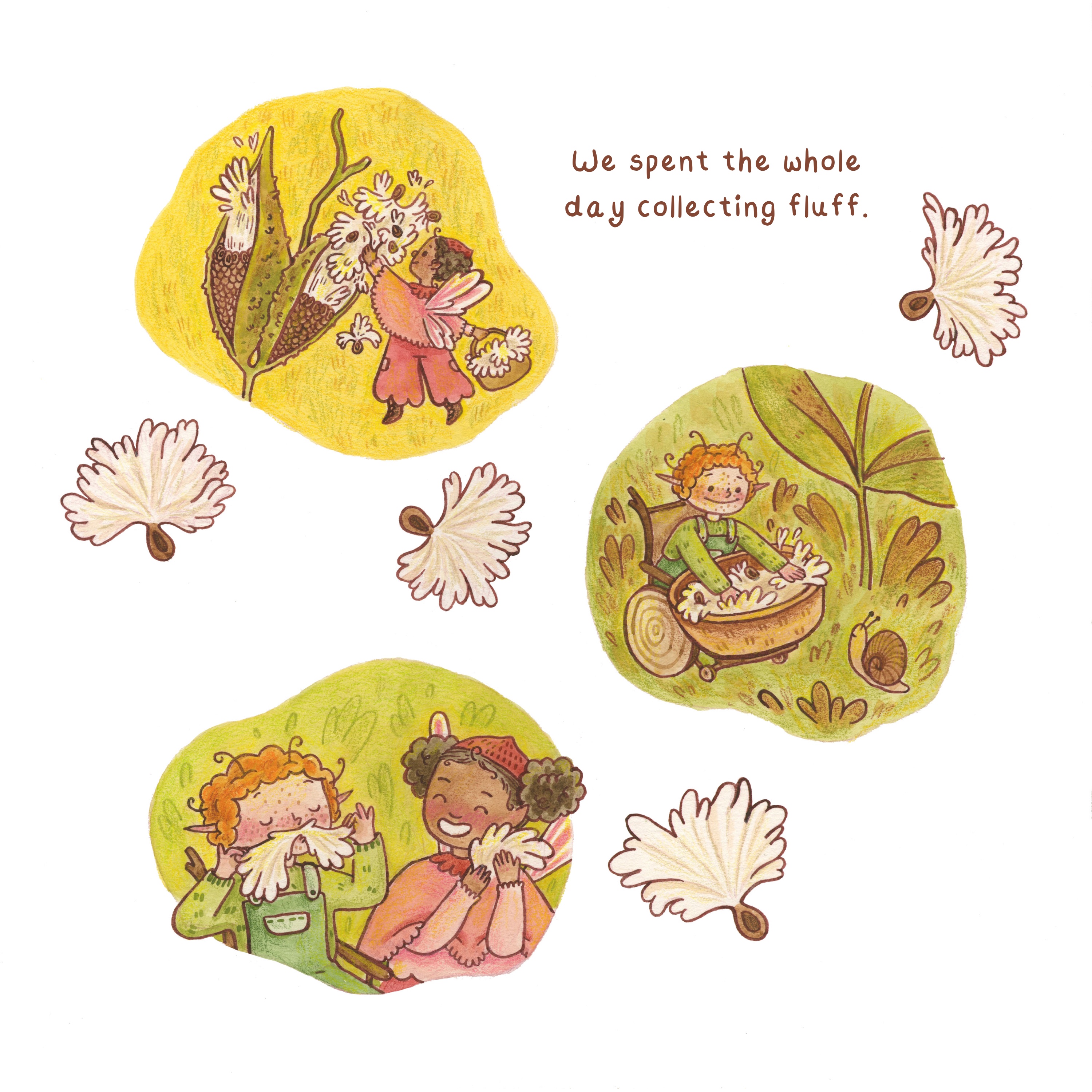 We spent the whole day collecting fluffwatercolor, ink, colored pencil, 12” x 12” 2023