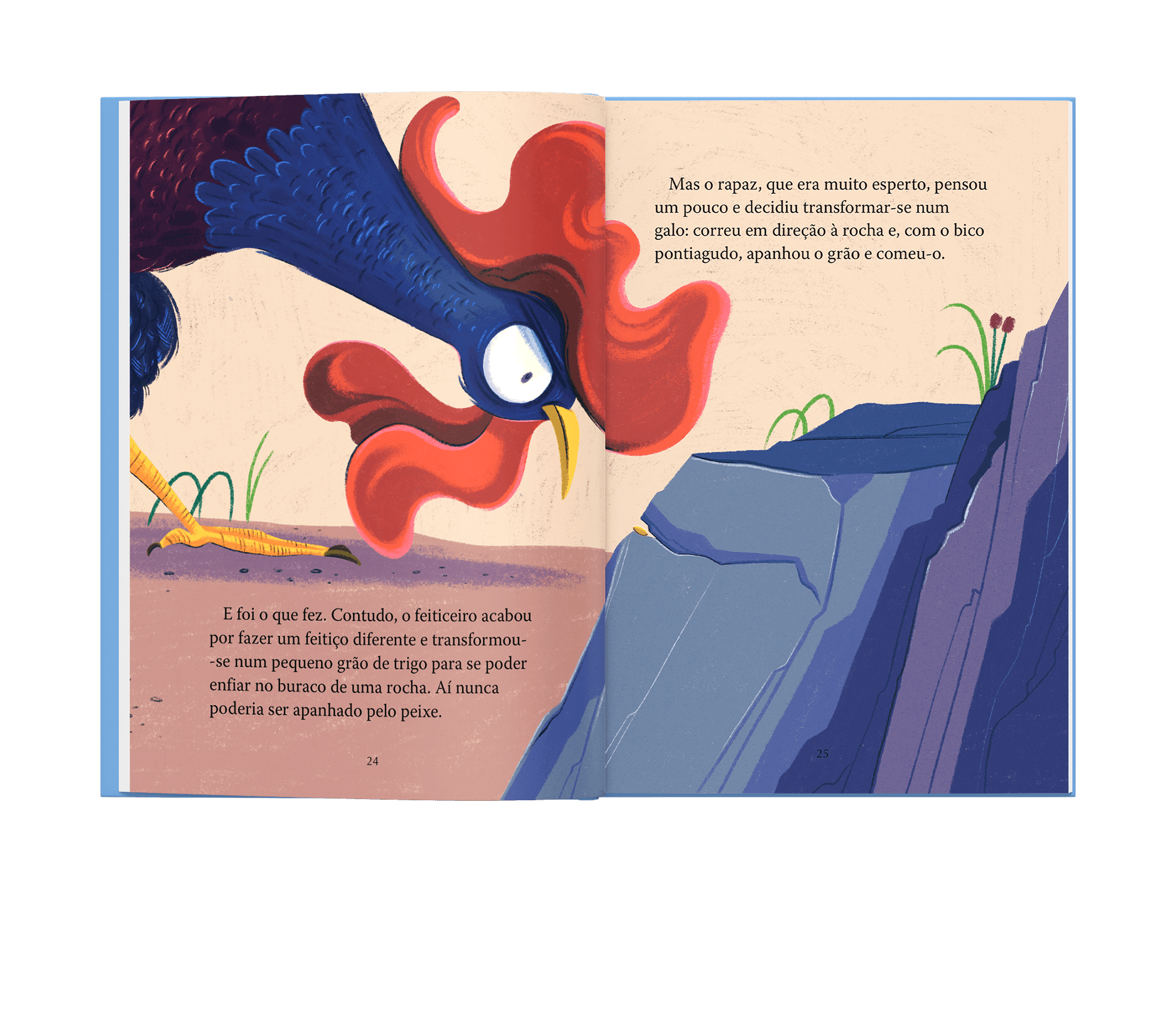 A chicken stares at a seed in a rock crack