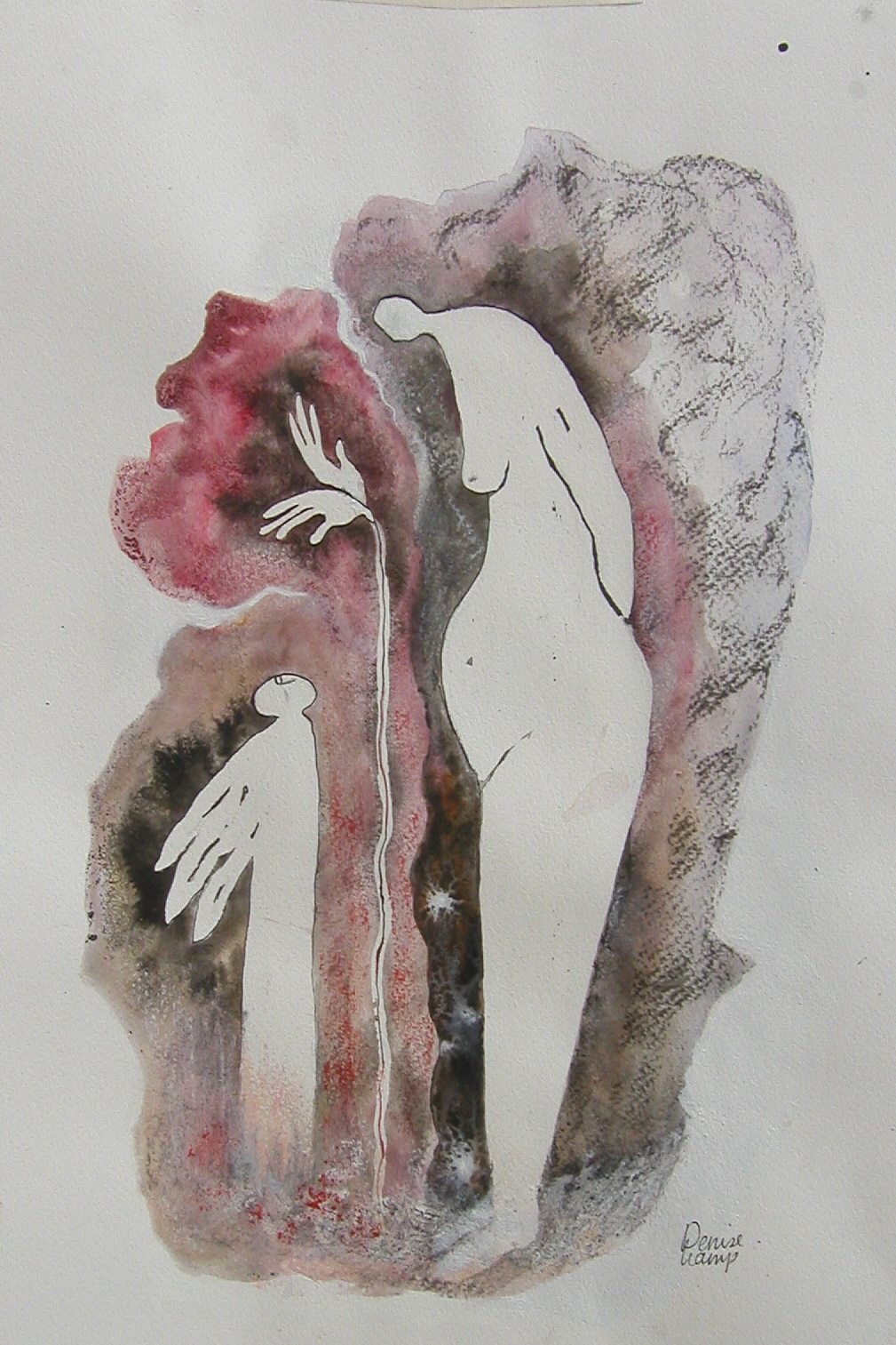 Luister zachtjes Werk op papier 40 x 30 cm  Gebruikte technieken: aquarelverf, houtskool, oost indische inkt, pastelkrijt, zand.