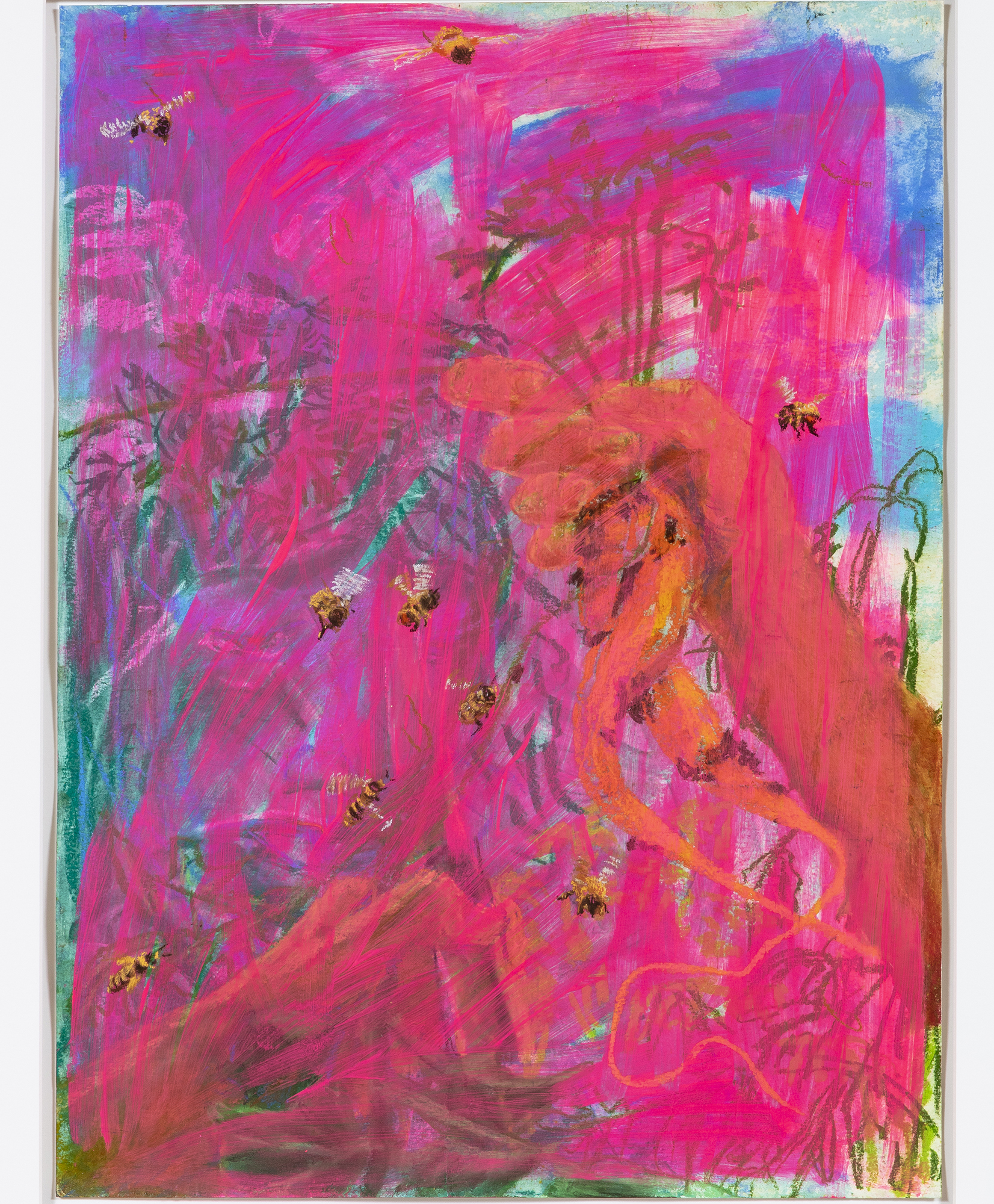 9 Bees, 3 People, 2 Carrots - Mixed media on watercolor paper, 2021