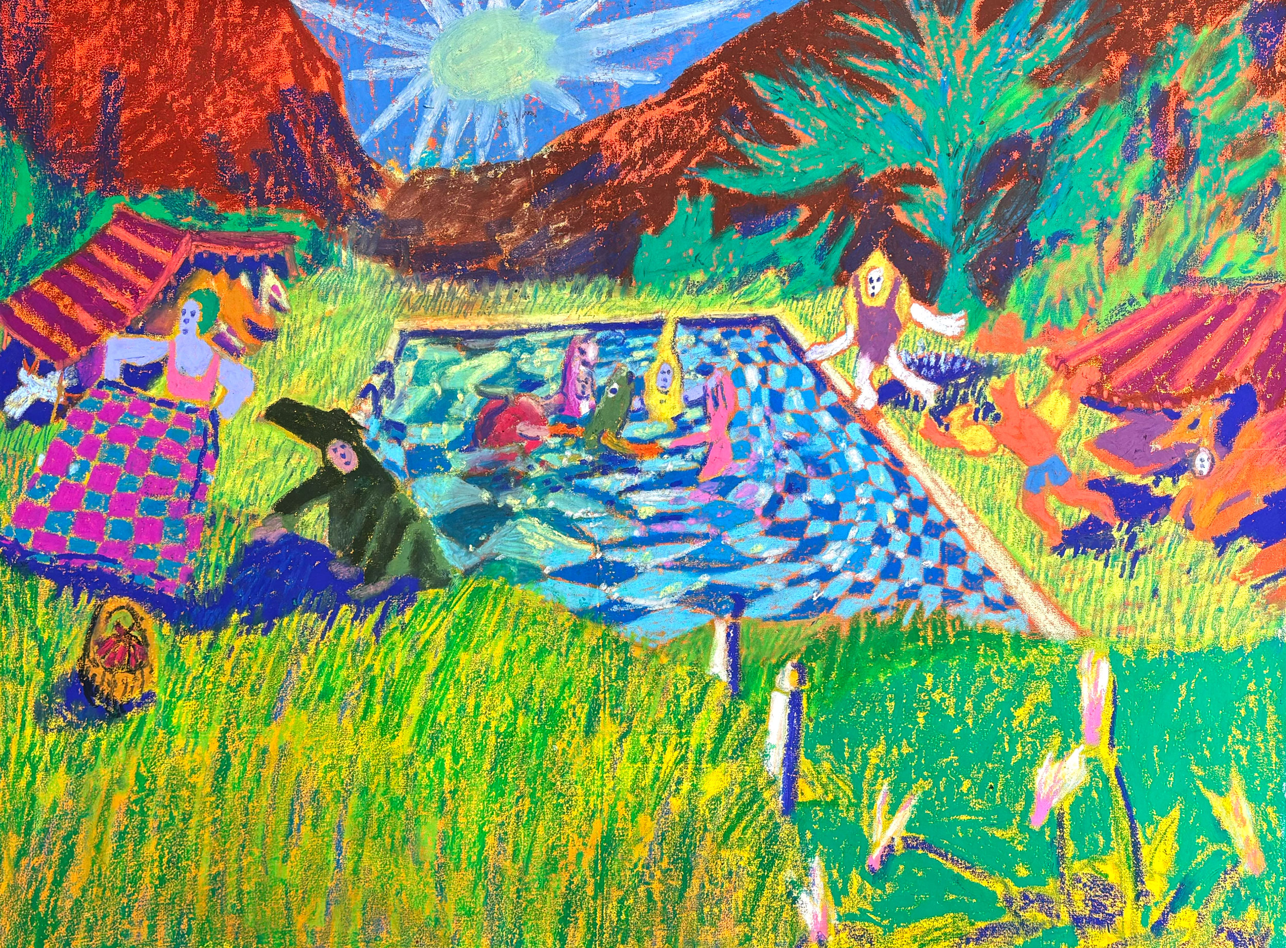 pool day i, oil pastel and acrylic, 64x86cm, 700 eur