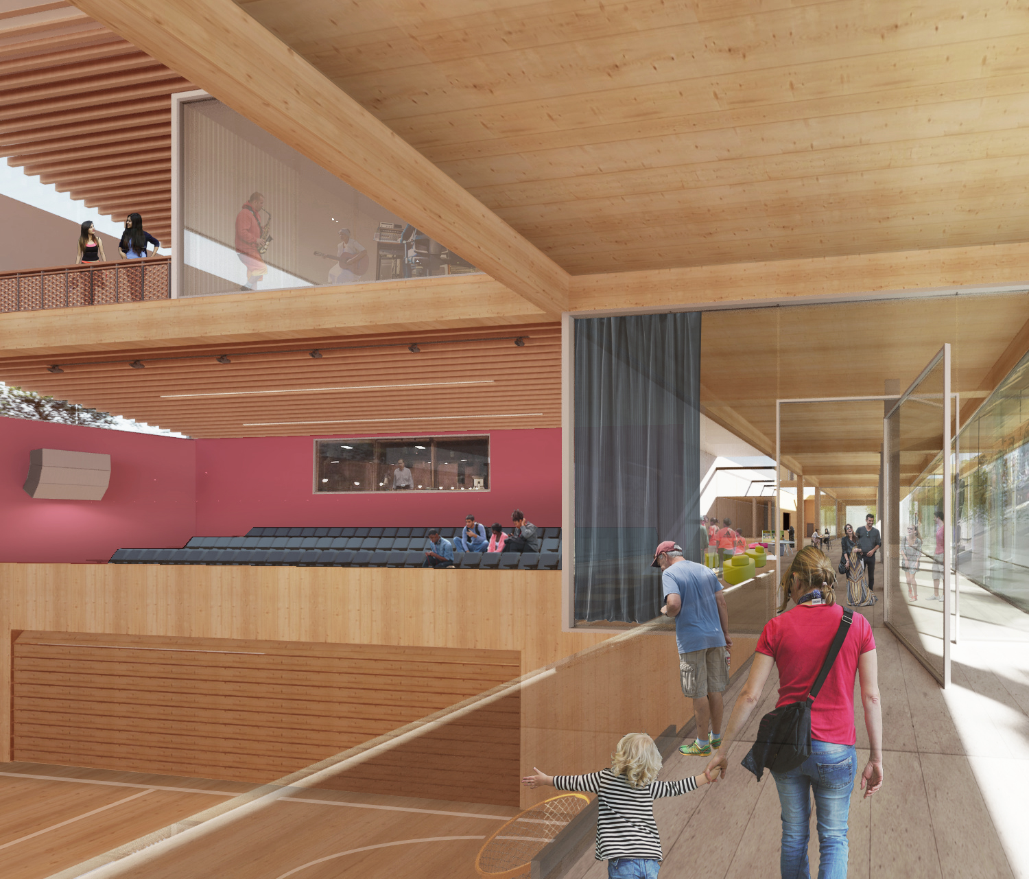 3D drawing showing the theatre space and gymnasium