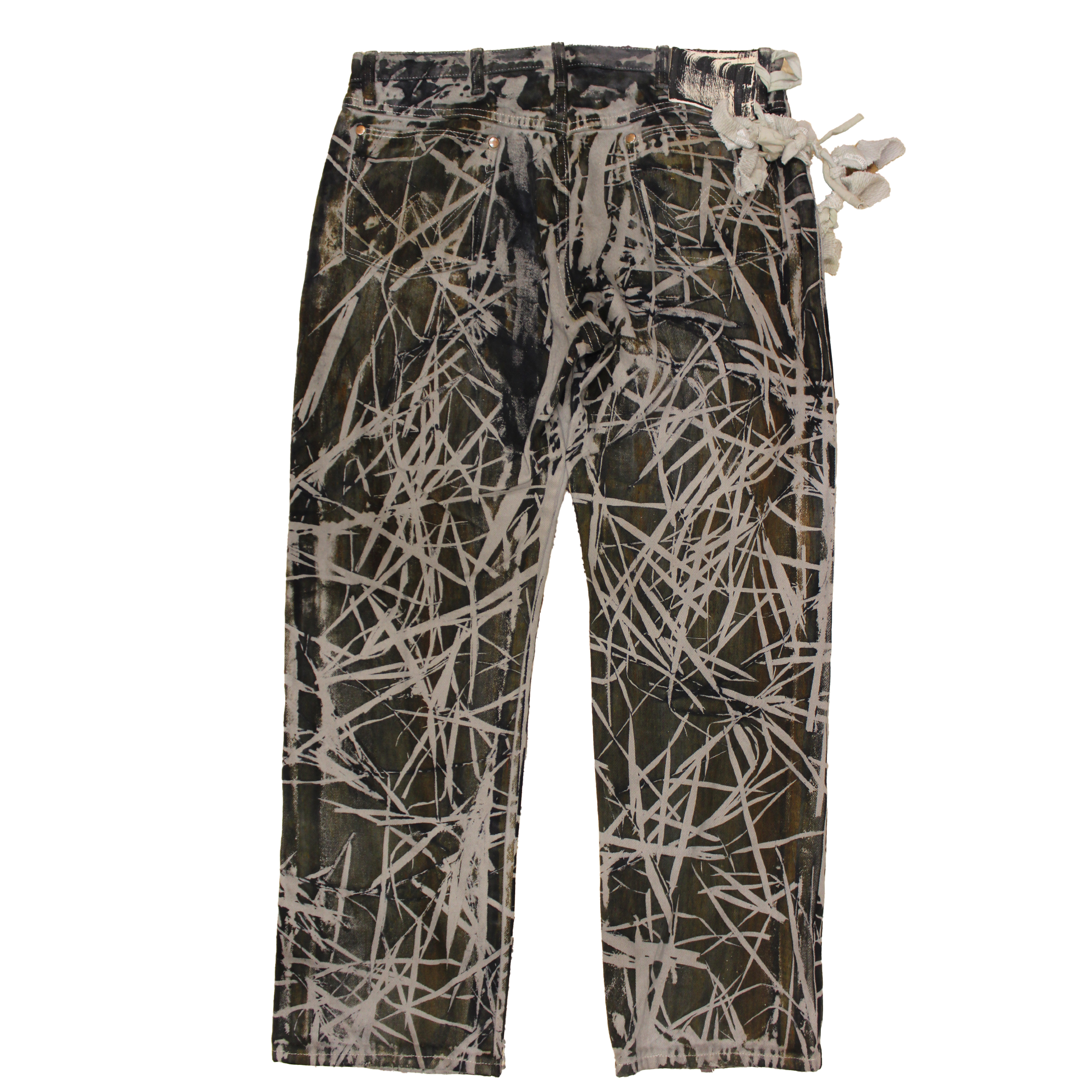 reclaimed vintage surplus denim screen printed with textile dye & grass resist. tailored for straight/wide fit. fitted with custom keychain, scrap chain, and leather patches