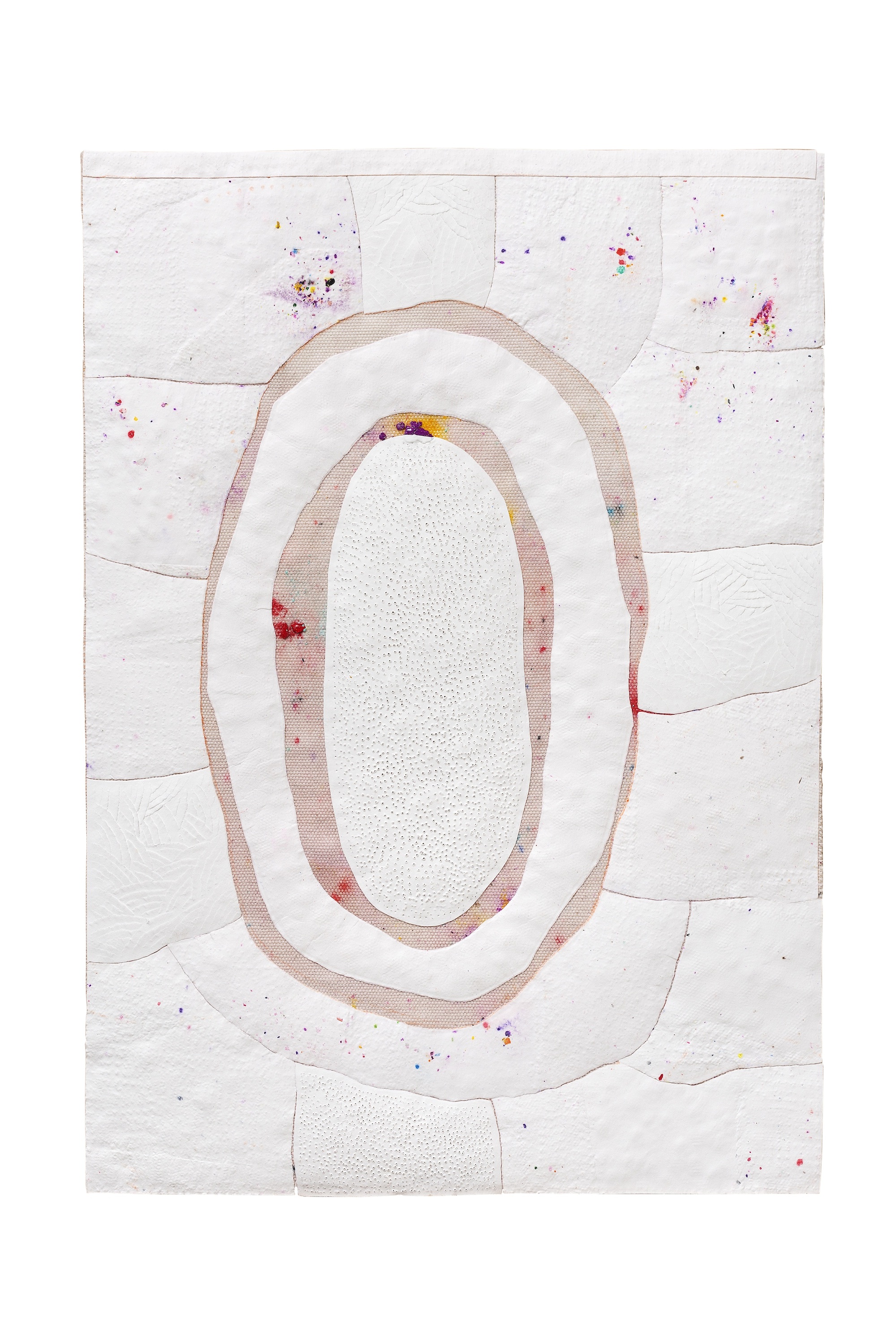  Untitled, 2019 . Color pencil, watercolor, oil, embossing, carvings and perforations on fragments of paper mounted on canvas. 30 x 21 cm