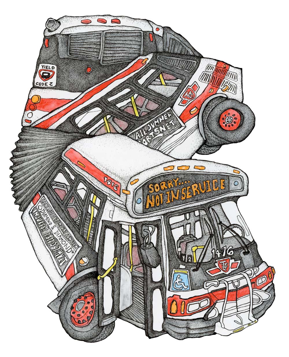 Drawing of a TTC bus with a destination sign reading Sorry Not In Service