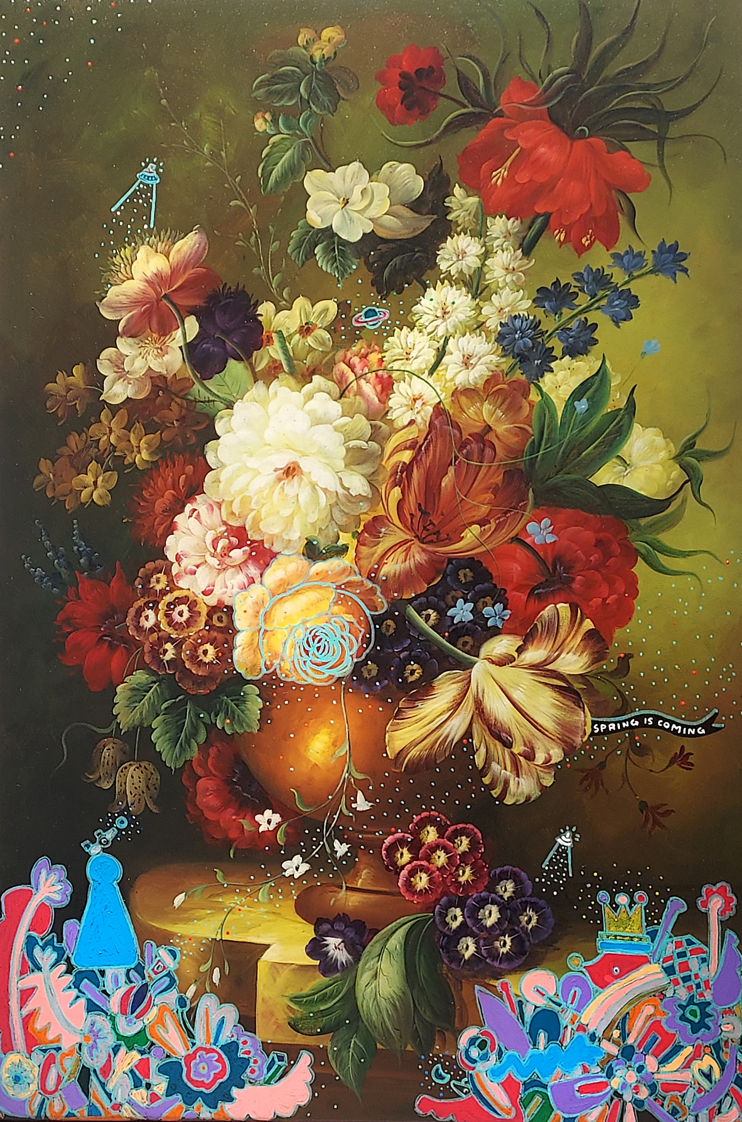 Spring。Oil painting. Acrylic paint. Ready-made objects, Cm 91x60.5, 2023