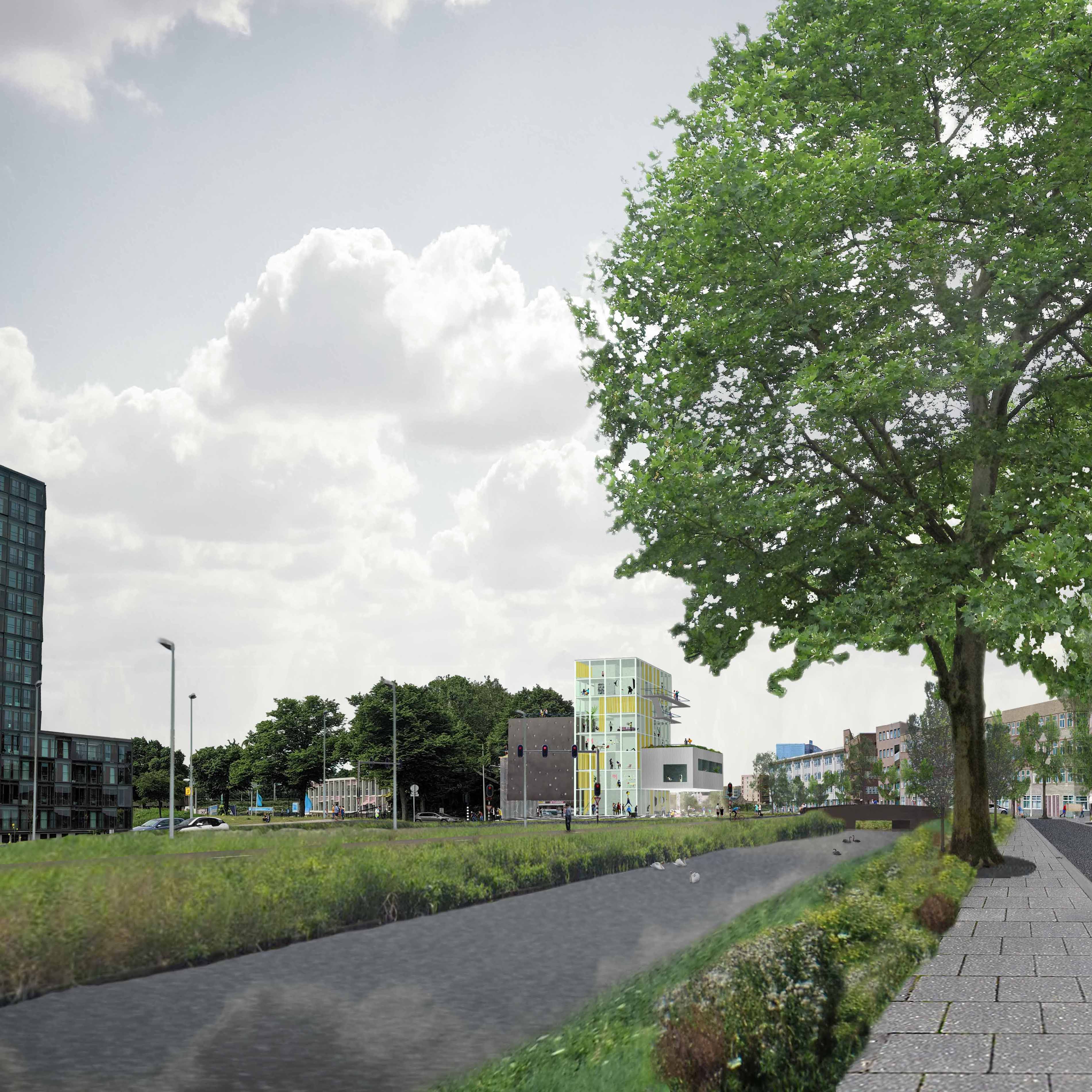 Rebellious act, Proposal intervention in the urban fabric, connecting, activating exchanging by adding new program on an existing non interesting carpark on a crossroad of three very different neighbourhoods in Amsterdam East, NL.