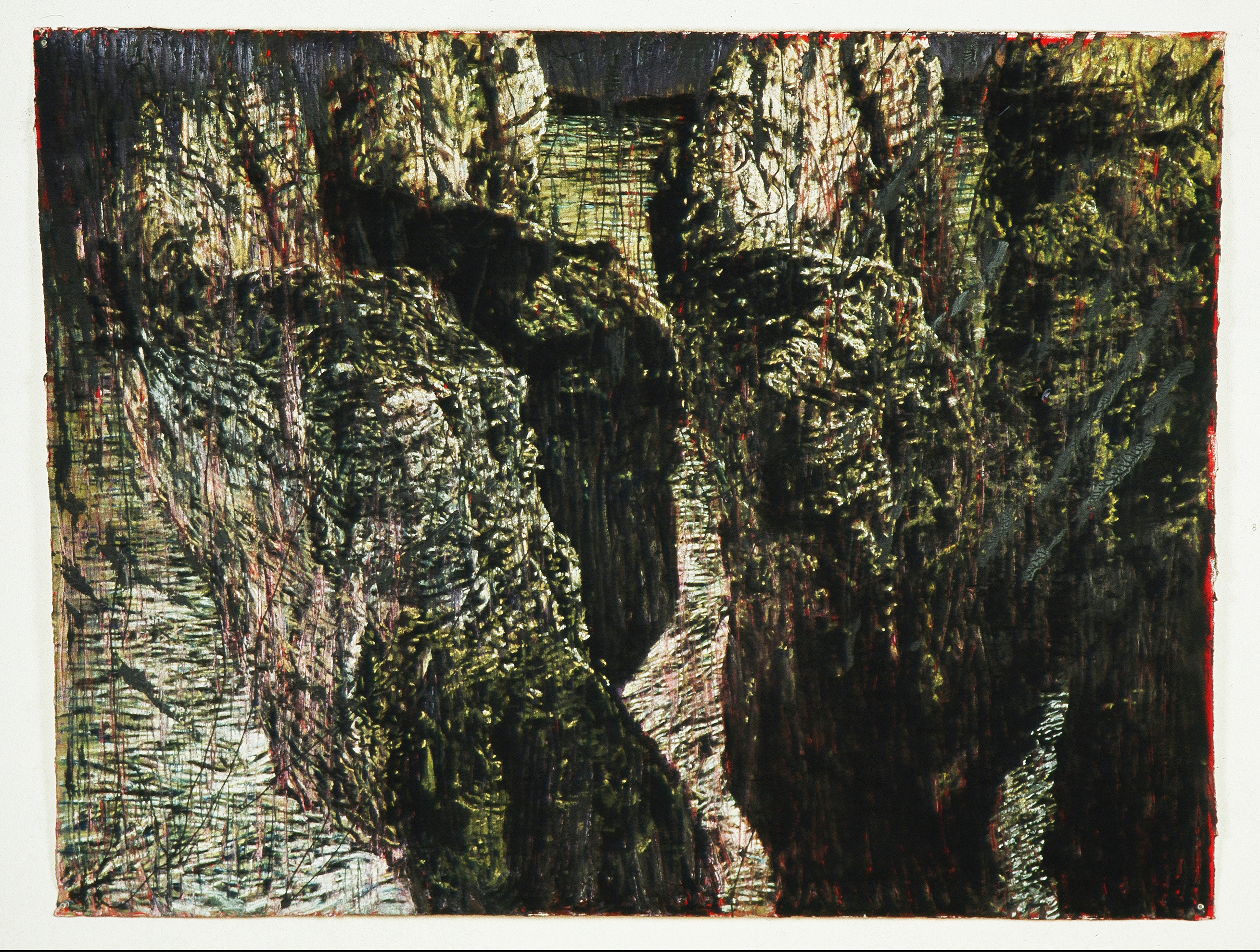 In a more secure manner, 1986. Acrylic, string and pastel on paper 134 cm x 177 cm.