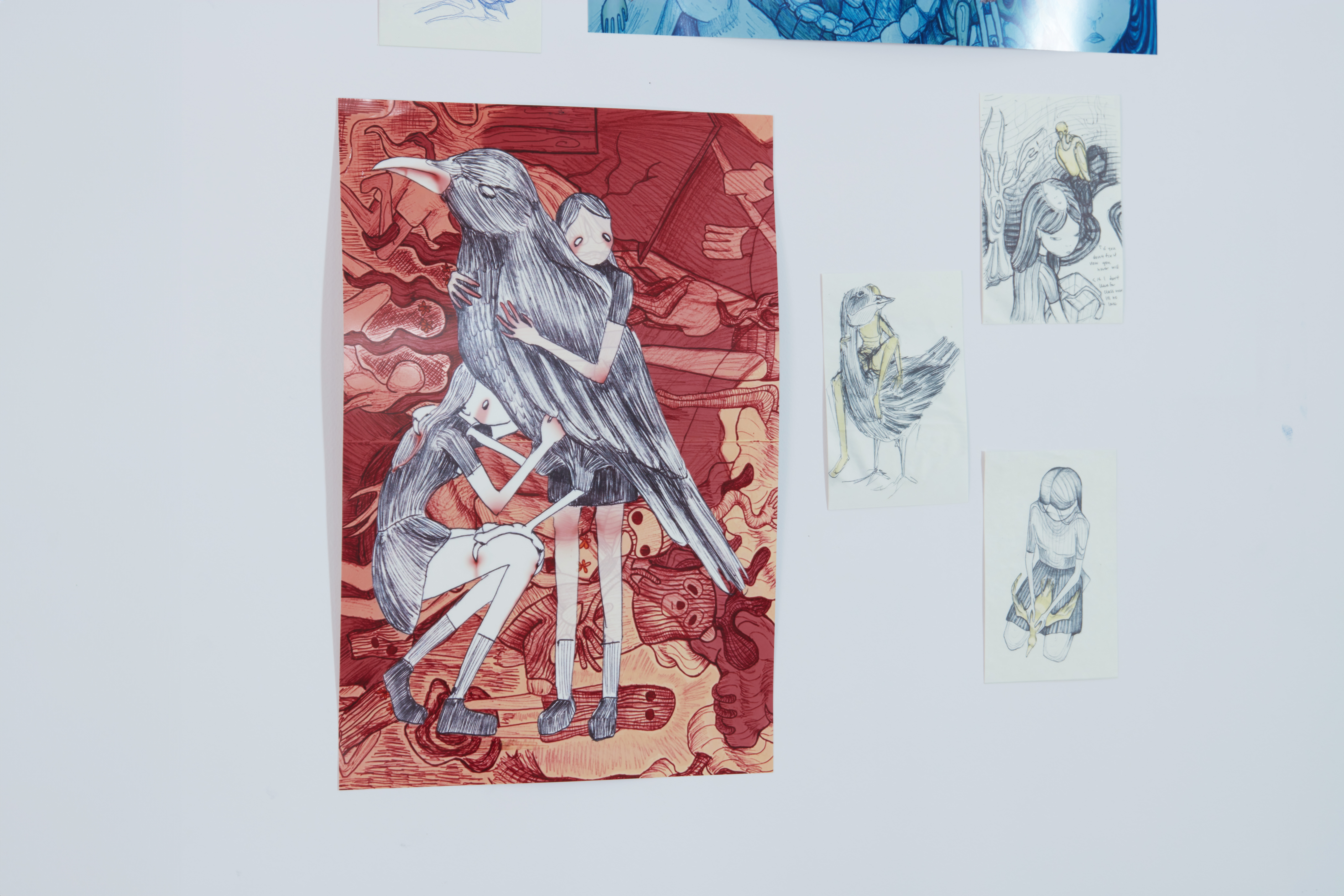 A two-dimensional work that expresses the dialogue and cycle between humans and birds through dense imagery and narrative. (Arisa Sugimoto Gaffney)
