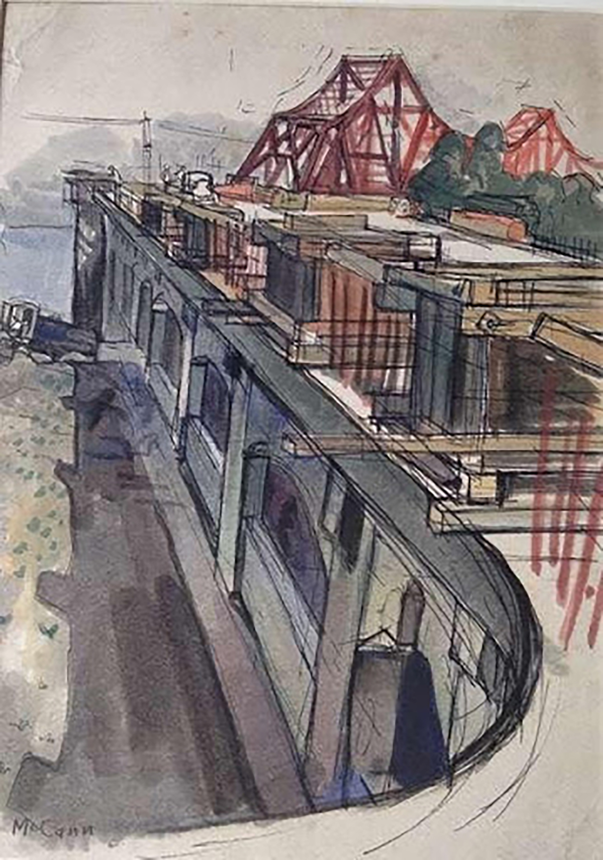 Una McCann was the only woman to be allowed on the site of the Bay Bridge during its construction, where she made a series of drawings. In 1940 she assisted Diego Rivera with his Pan American Unity mural at the Golden Gate International Exposition.
