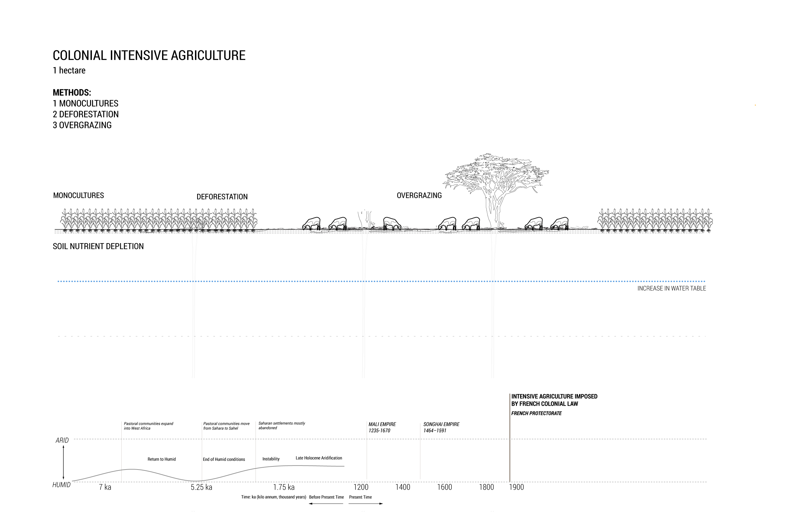 Fig. 15. The French Protectorate enforced intensive agriculture that quickly diminished soil fertility across the Sahel. The French colonial settler practices included planting large areas in monocultures, deforesting to plant crops and overgrazing the land.