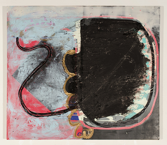 Un Pulpito 4’ x 5’Acrylic and latex paint, oil paint, spray paint, plaster, tape on panel