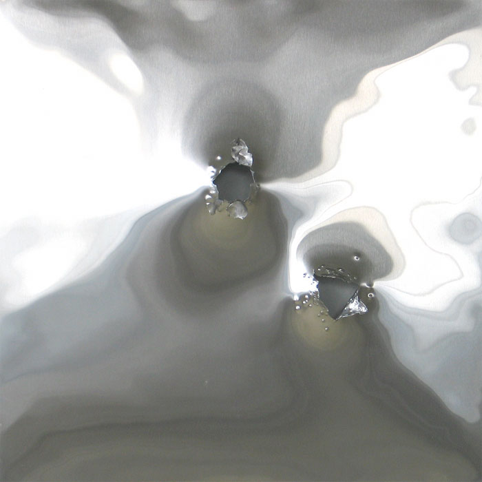 Los Lunas #26, 2005, stainless steel with gunshot, 24x24 in