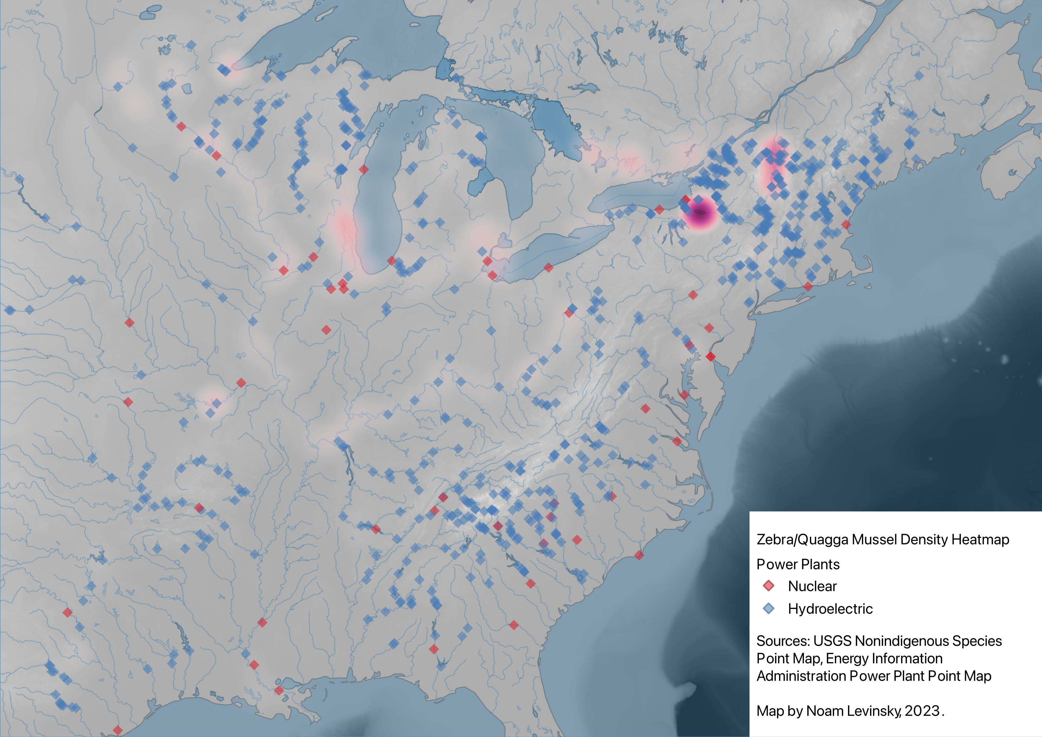 B: North American power plants and Zebra/Quagga Mussel observation heatmap. Noam Levinsky.
