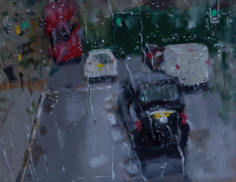 View from the bus with taxi in the rain (exhibited at Royal Academy Summer Exhibition 2024) SOLD
