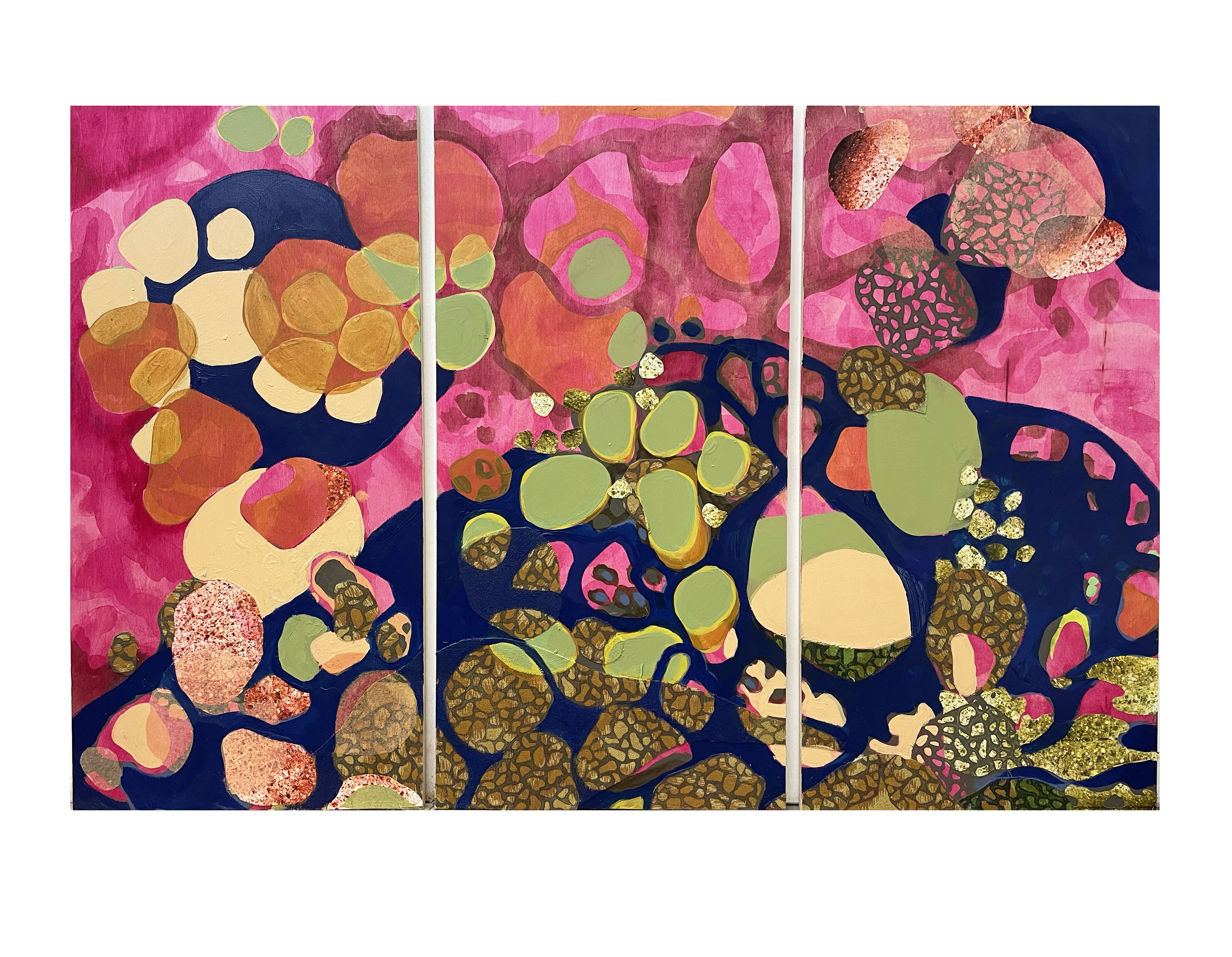 "Vibrant Bodies #2", Acrylic, Paper, Fabric on Board, (3) 24"x12"