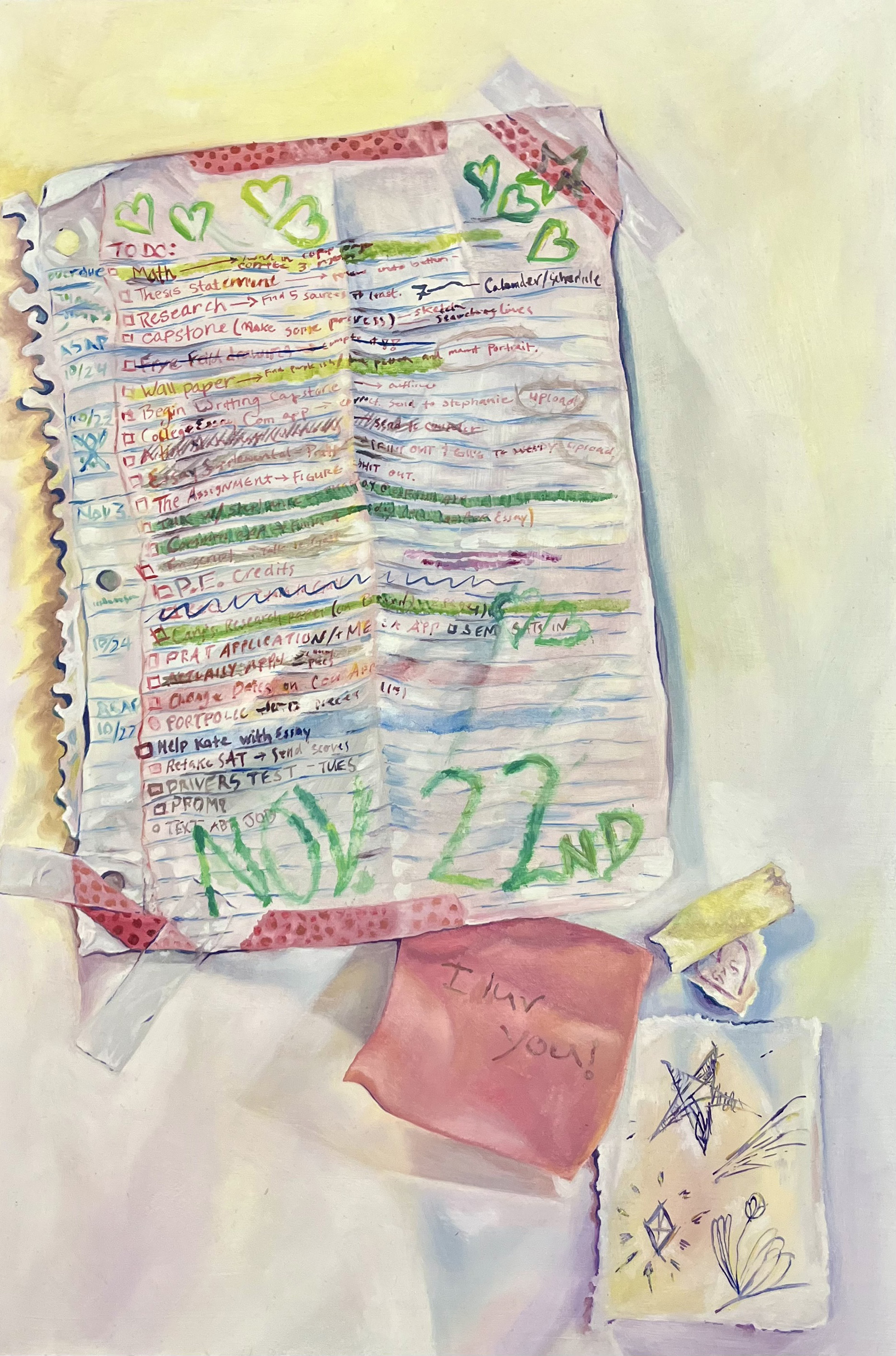 Notes from school, Oil on panel, 12” x 18”, 2023 (Photo credit TJ Sanatana)
