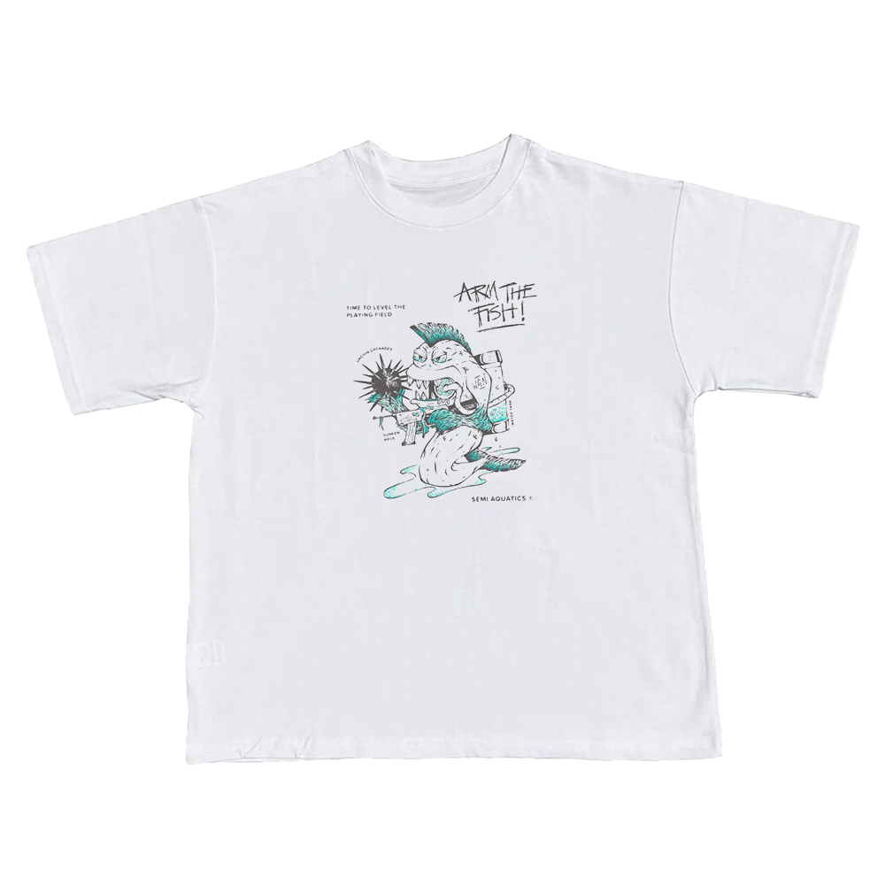 SEMI AQUATICSArm the Fish! Screen-print on a heavy 100% Cotton Tee.