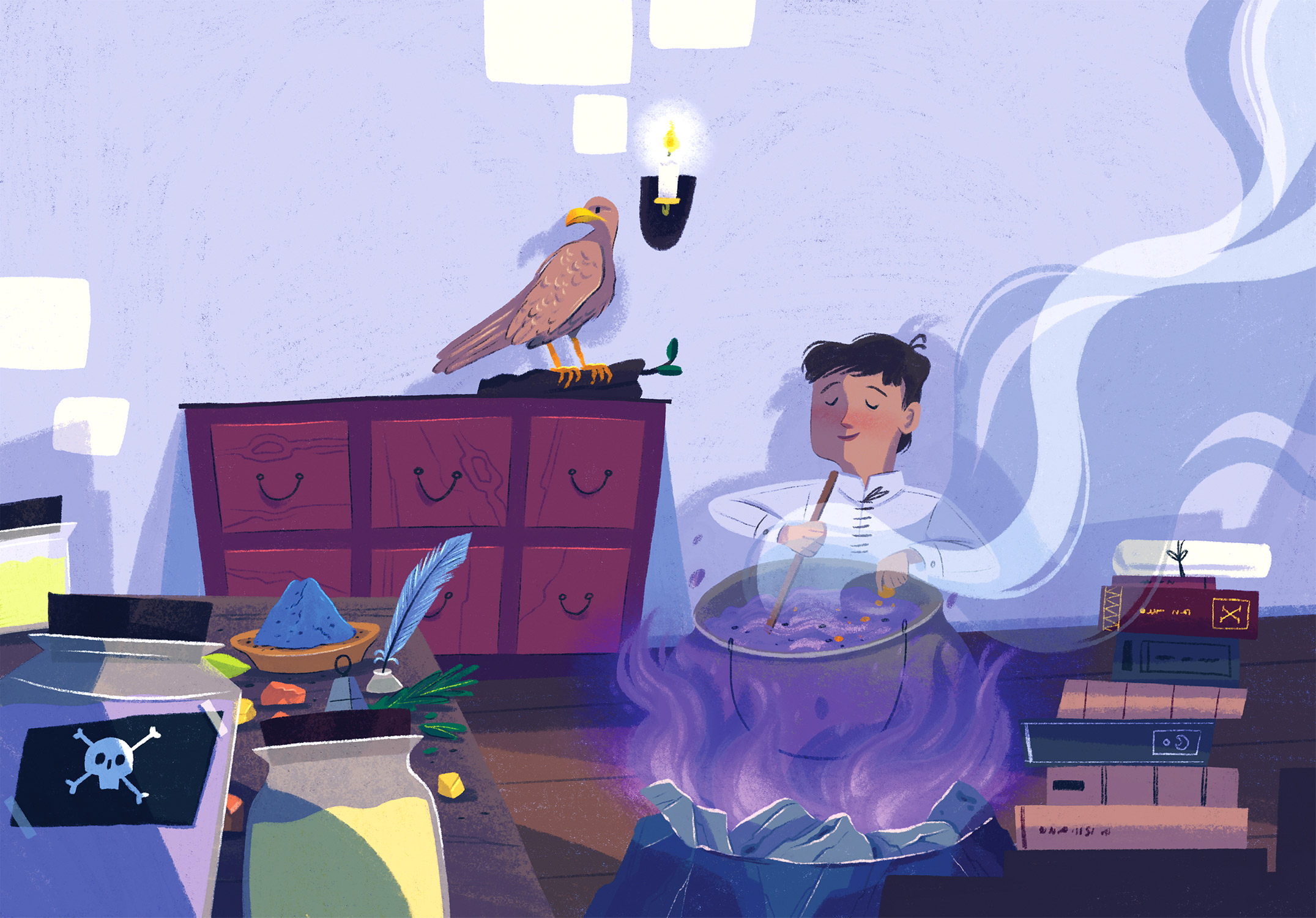 A boy makes a potion using a caldron. 