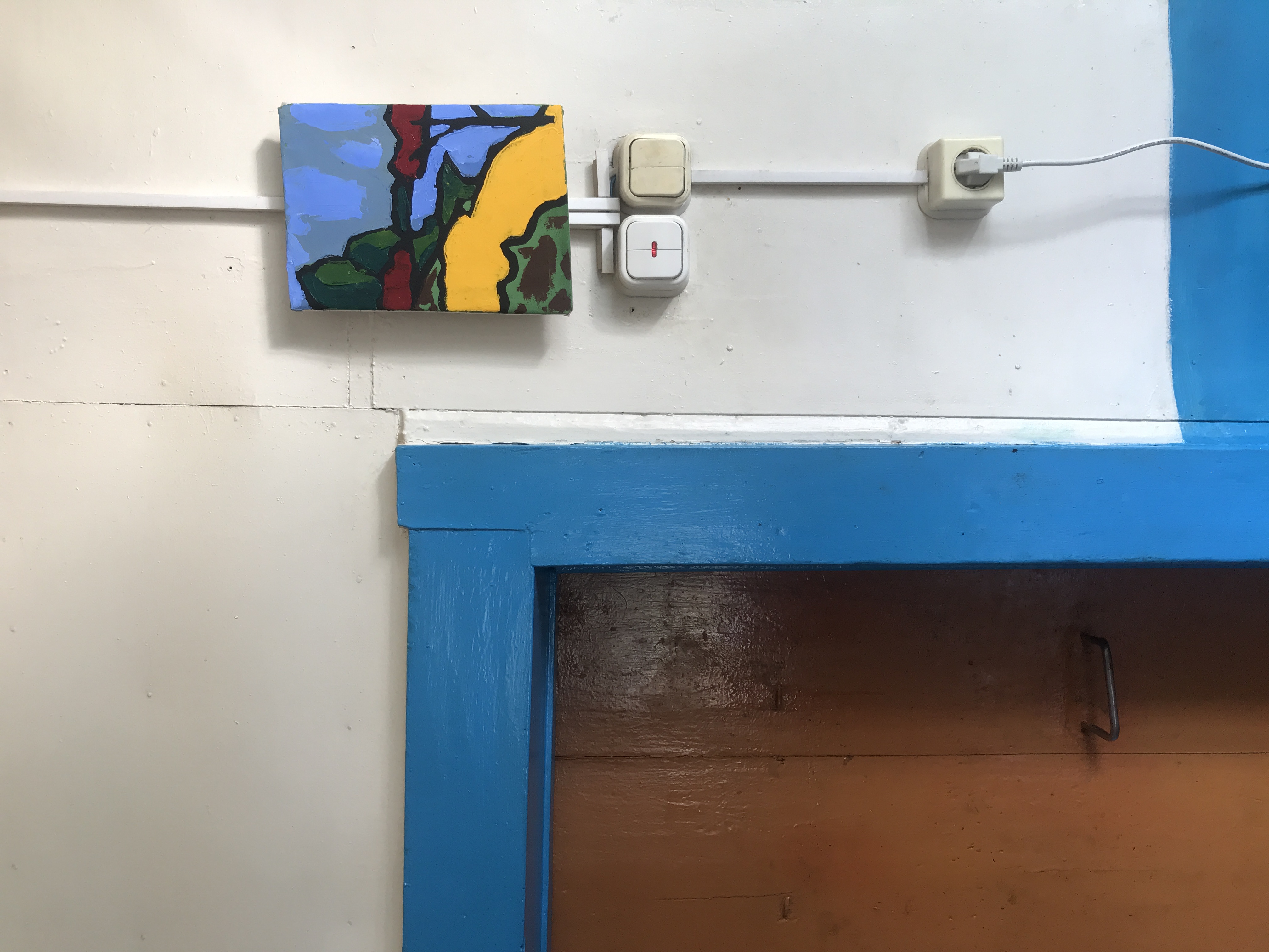 This painting, crafted on a handmade canvas pieced together from scraps of sticks and a fragment of an old tablecloth