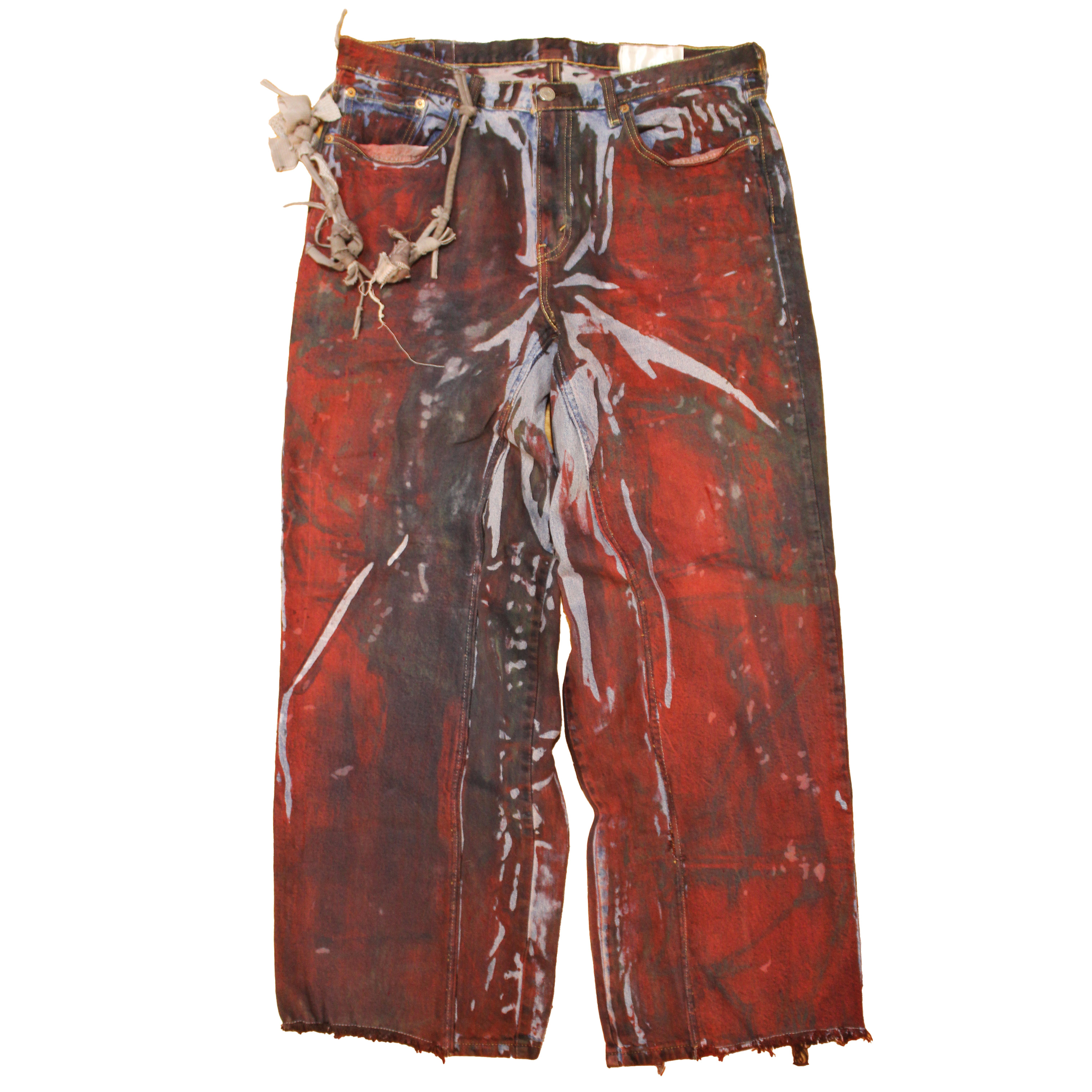 reclaimed vintage surplus denim screen printed with textile dye & various metals. tailored for straight/wide fit. fitted with custom keychain, scrap chain, and leather patches